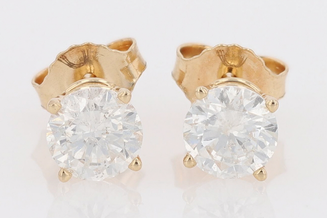 Ctw Round Cut Diamond Solitaire Stud Pair Earrings K Yellow Gold