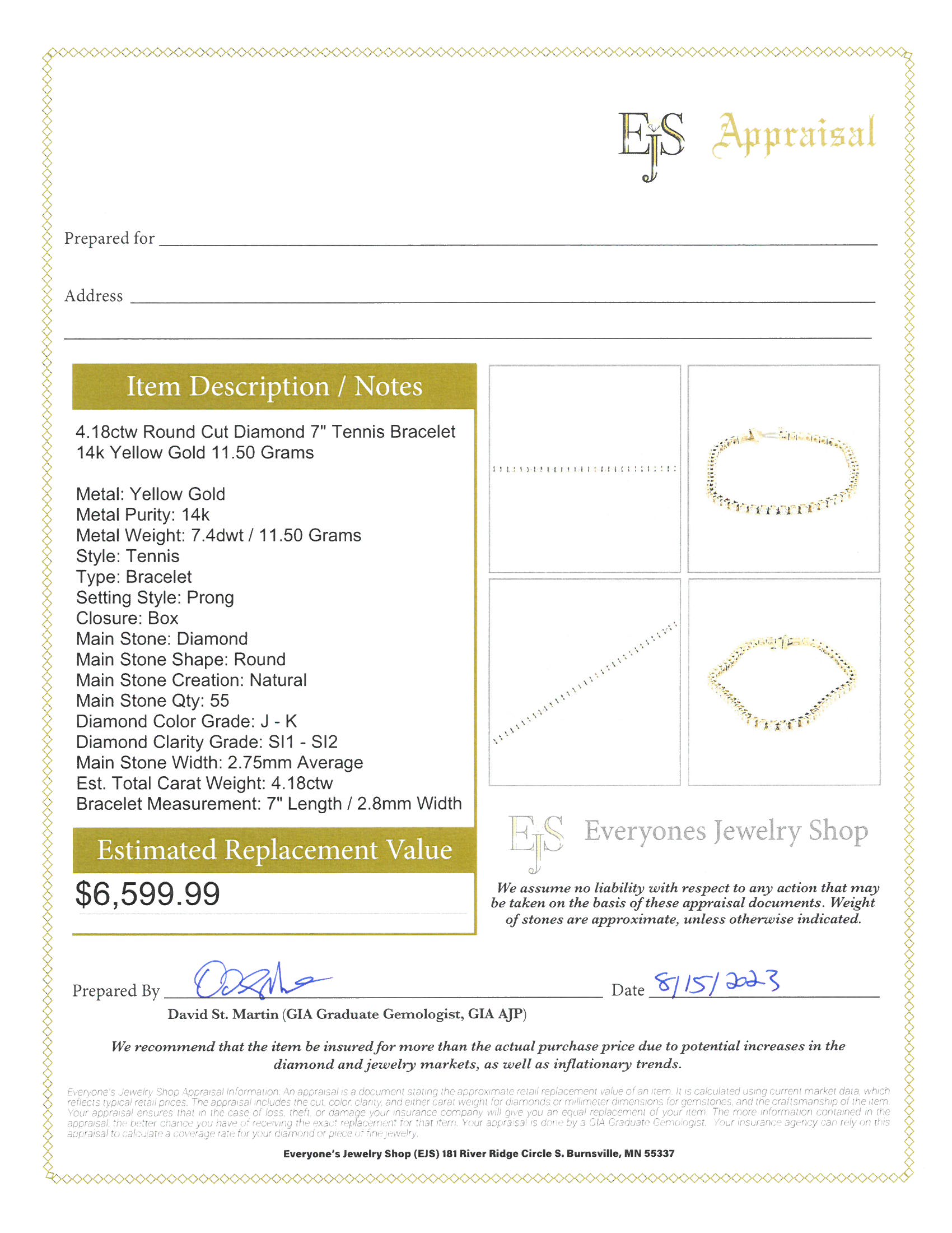 14K Yellow Gold Diamond Round Brilliant S Prong Set Tennis Bracelet (4.18ctw.)
