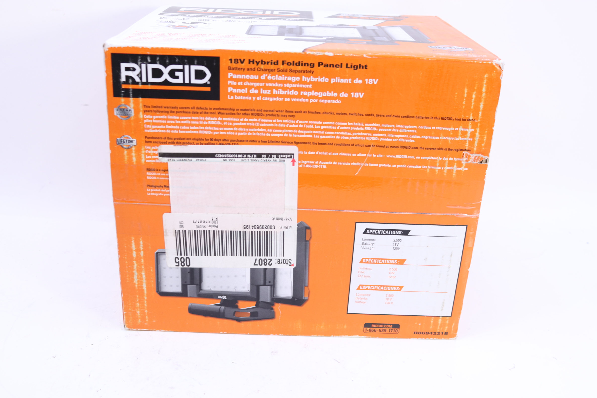 Rigid R8694221B 18V Cordless Lithium Ion Hybrid LED Panel Light
