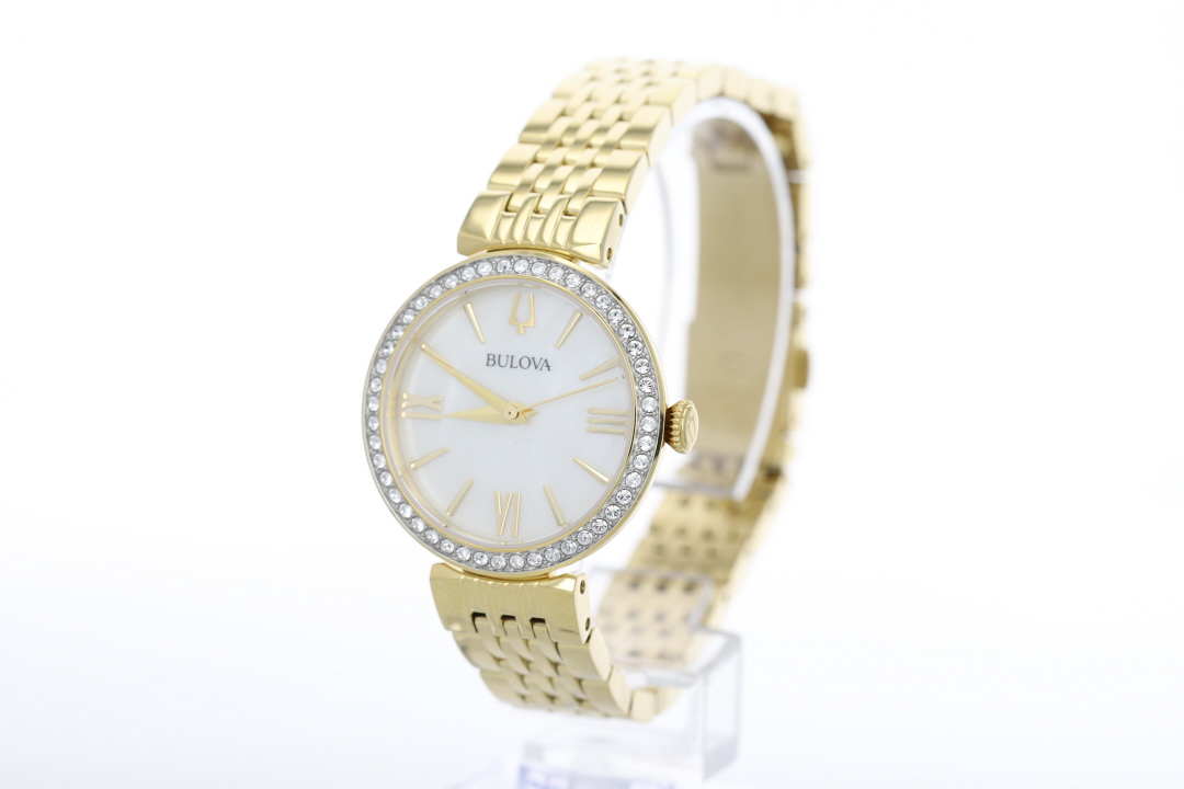 Bulova Women's Watch good 98X122 Quartz White Mother of Pearl Dial Gold Steel 30mm