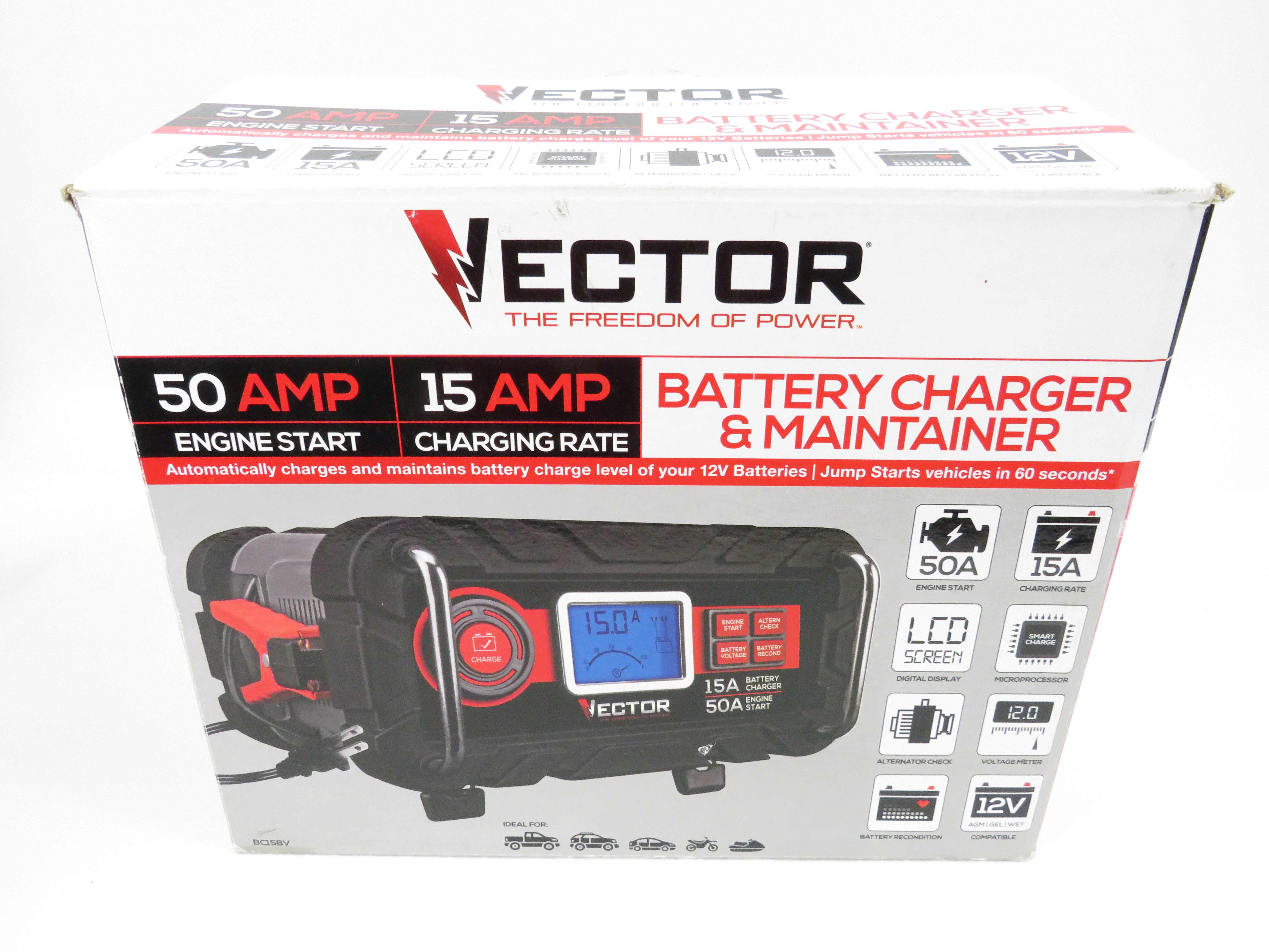 Vector 15A Automatic 12V Battery Charger 50A Engine Start & Alternator Check