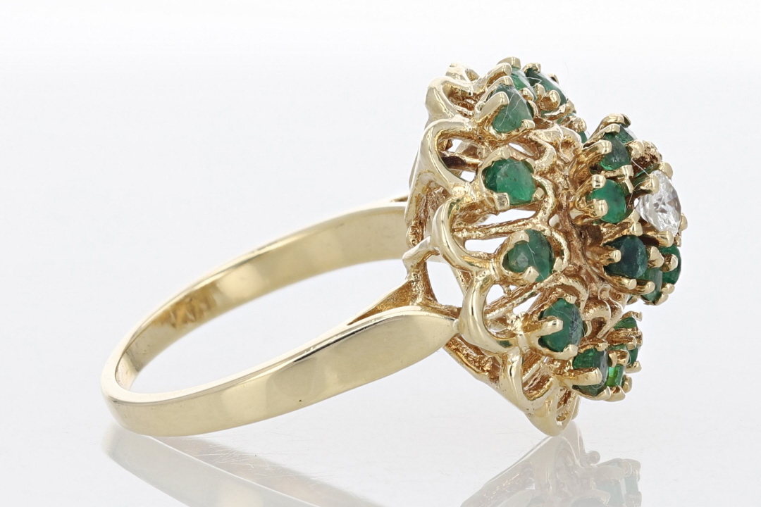 70ctw Round Cut Diamond and Emerald Cluster Ring 14k Yellow Gold