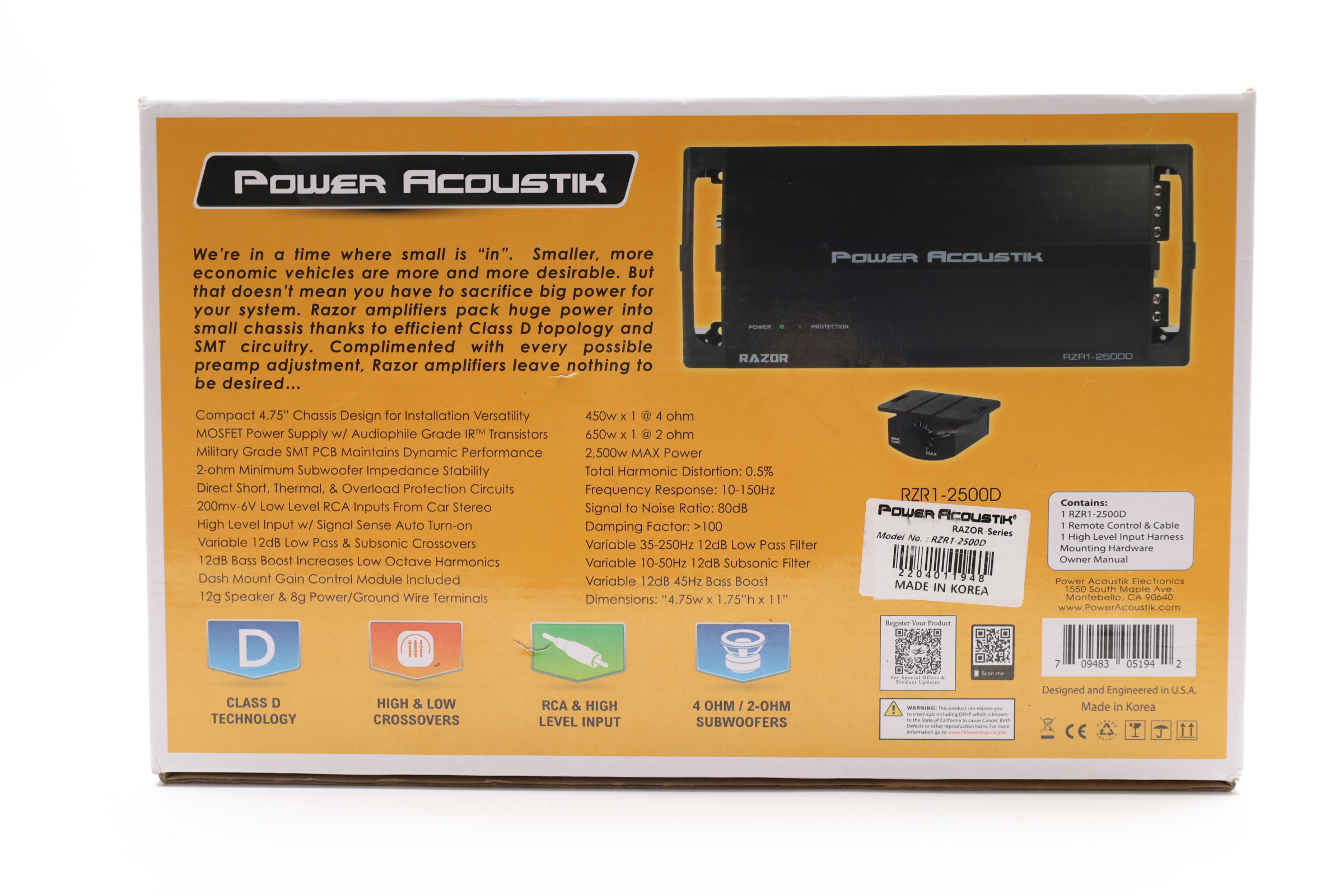 Power Acoustik Razor RZR1-2500D 2500 Watt Class D Monoblock