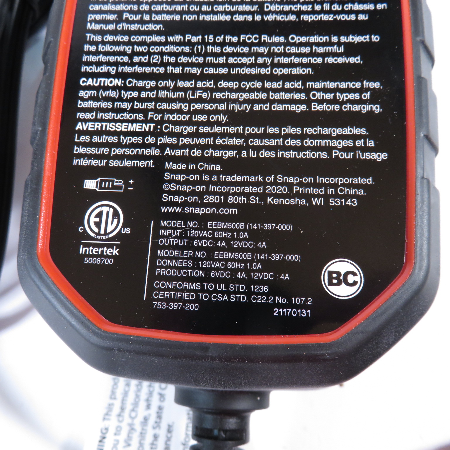 Snapon Tools EEBM500B LiFePO4 Capability 4A 12V Battery Maintainer