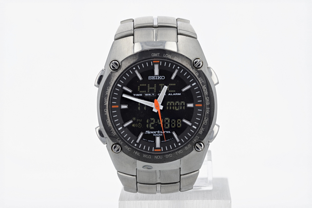 Seiko Sportura Black Dial Dual Digital World Time Stainless Steel