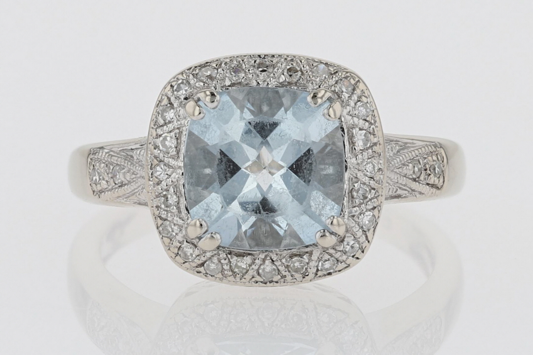 Cushion-Cut Simulated Aquamarine and 0.04 CT. T.W. Diamond Frame  Vintage-Style Engagement Ring in Sterling Silver | Zales Outlet