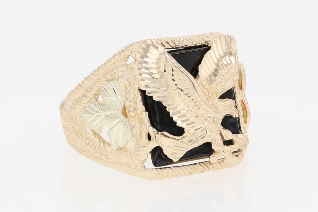 Black Hills Gold Dyed Onyx Eagle Leaves Men's Ring 10K Multi-Tone