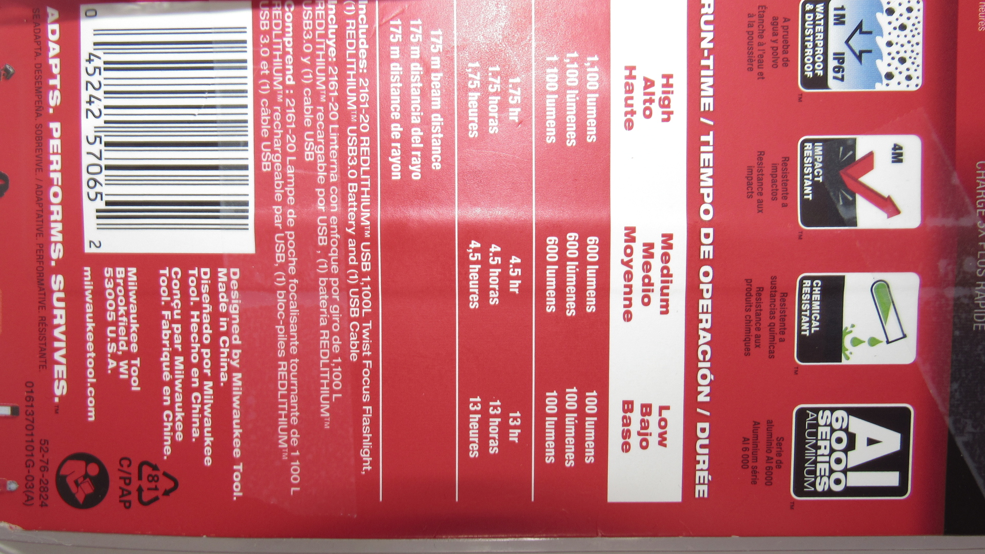 Torcia Ricaricabile Milwaukee 2161-21 1100 Lumen LED Messa A Fuoco Regolabile