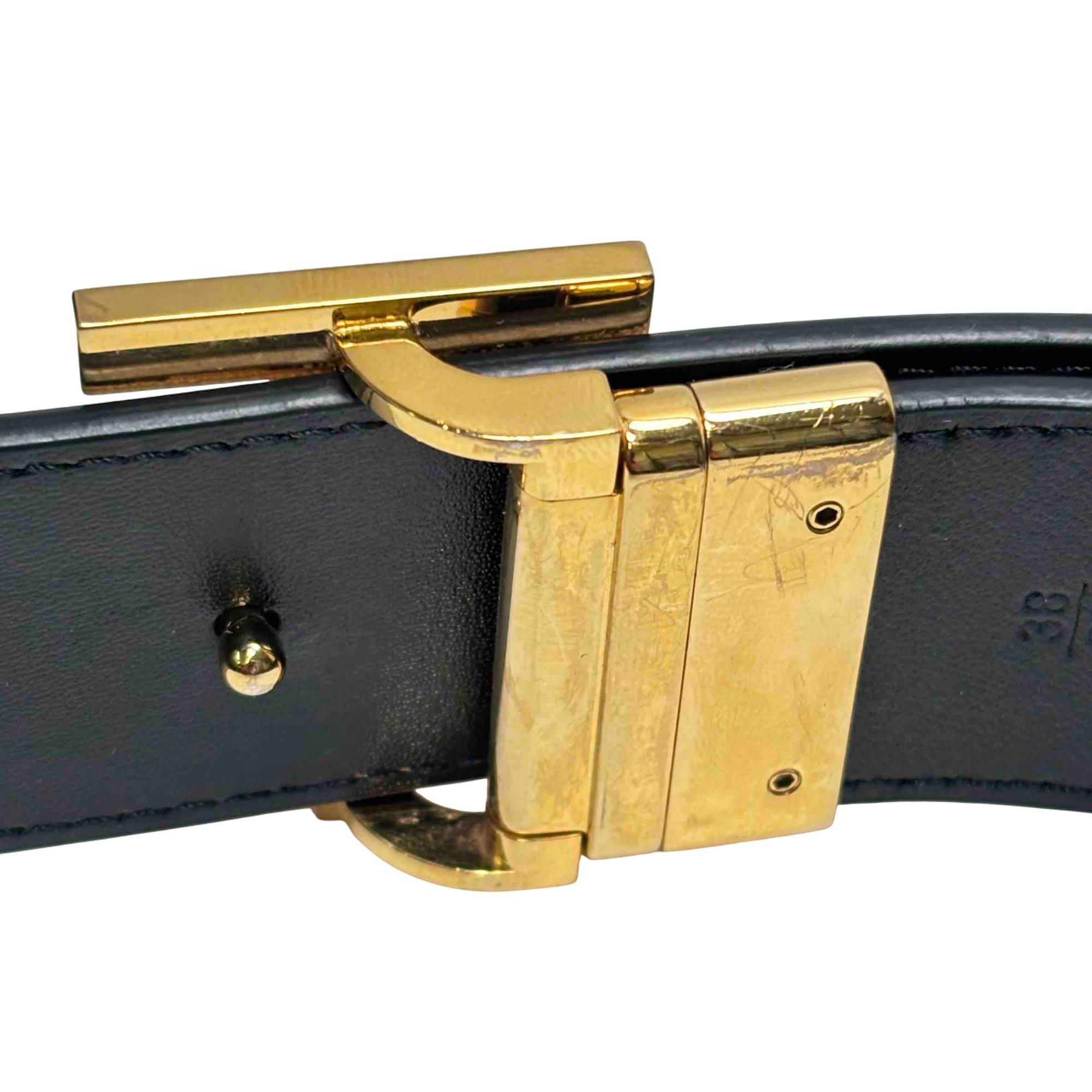 Burberry TB Plaque RVS Black Leather Gold Buckle Plaid 
