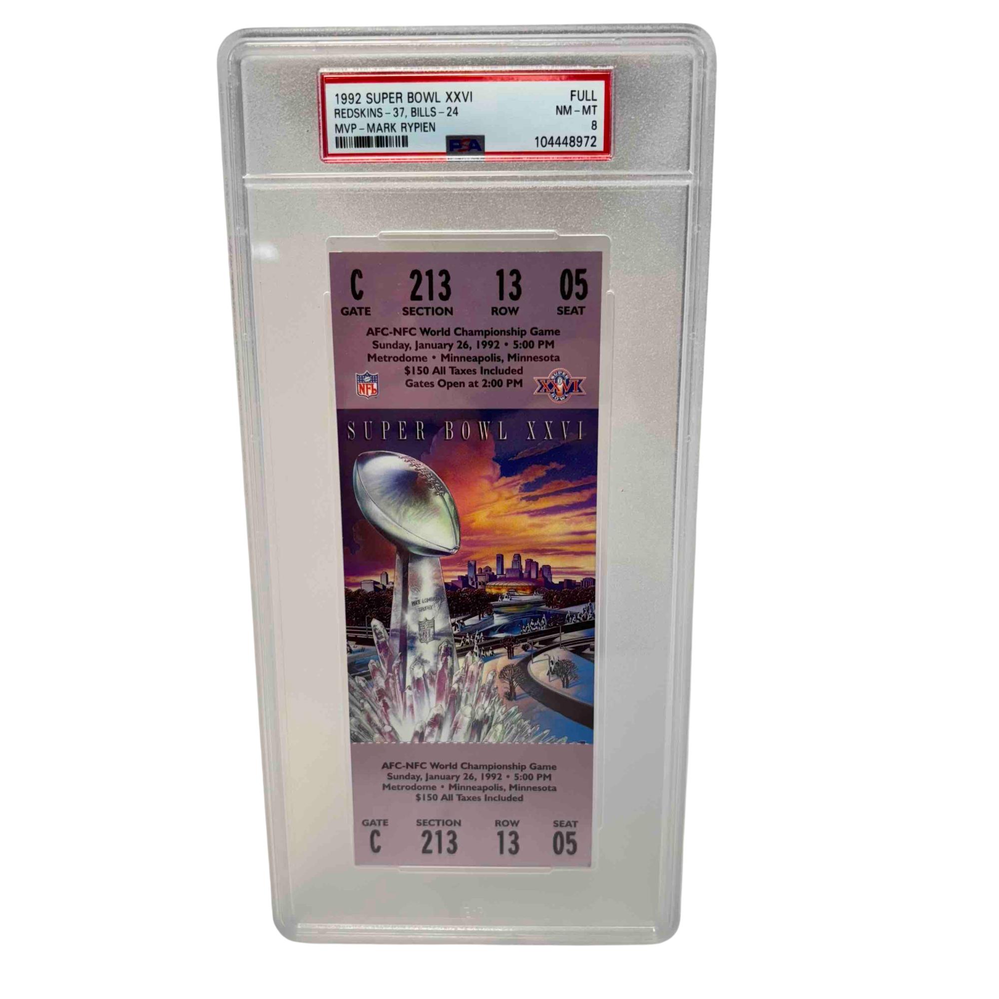 1992 Super Bowl XXVI Full Ticket PSA Graded NM-MT - Redskins vs. Bills