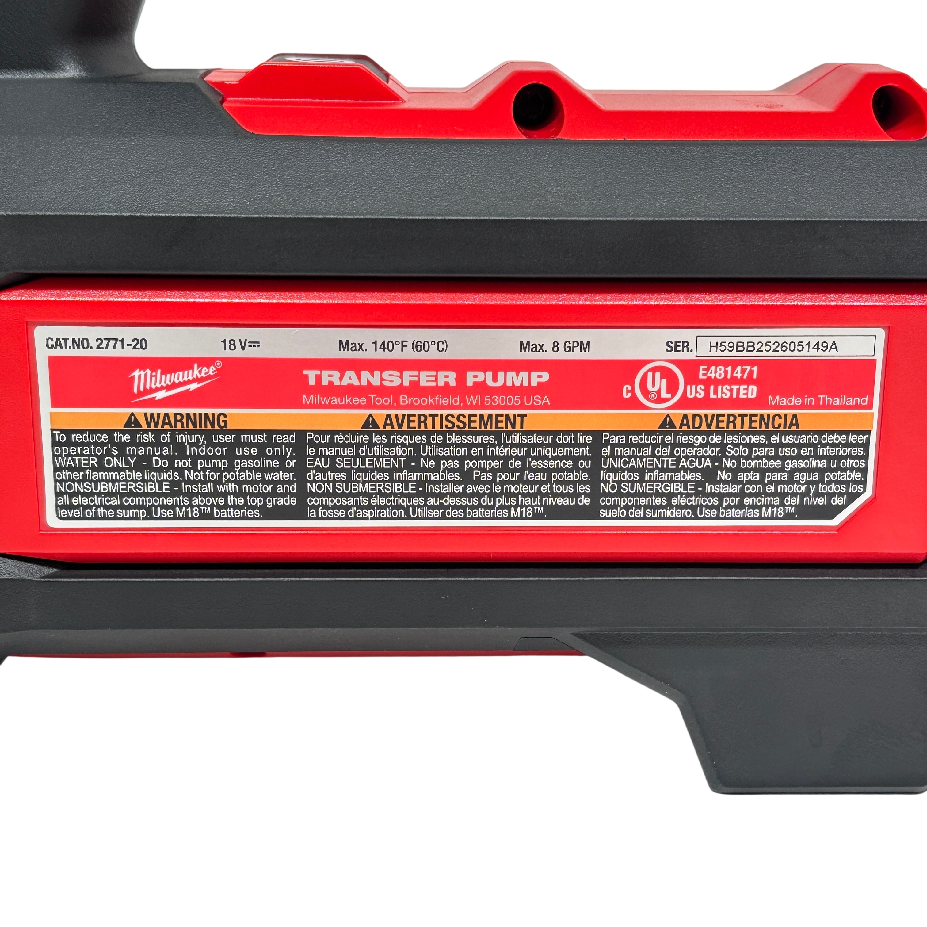 Milwaukee 2771-20 M18 18V 1/4 HP Lithium-Ion Cordless Transfer Pump