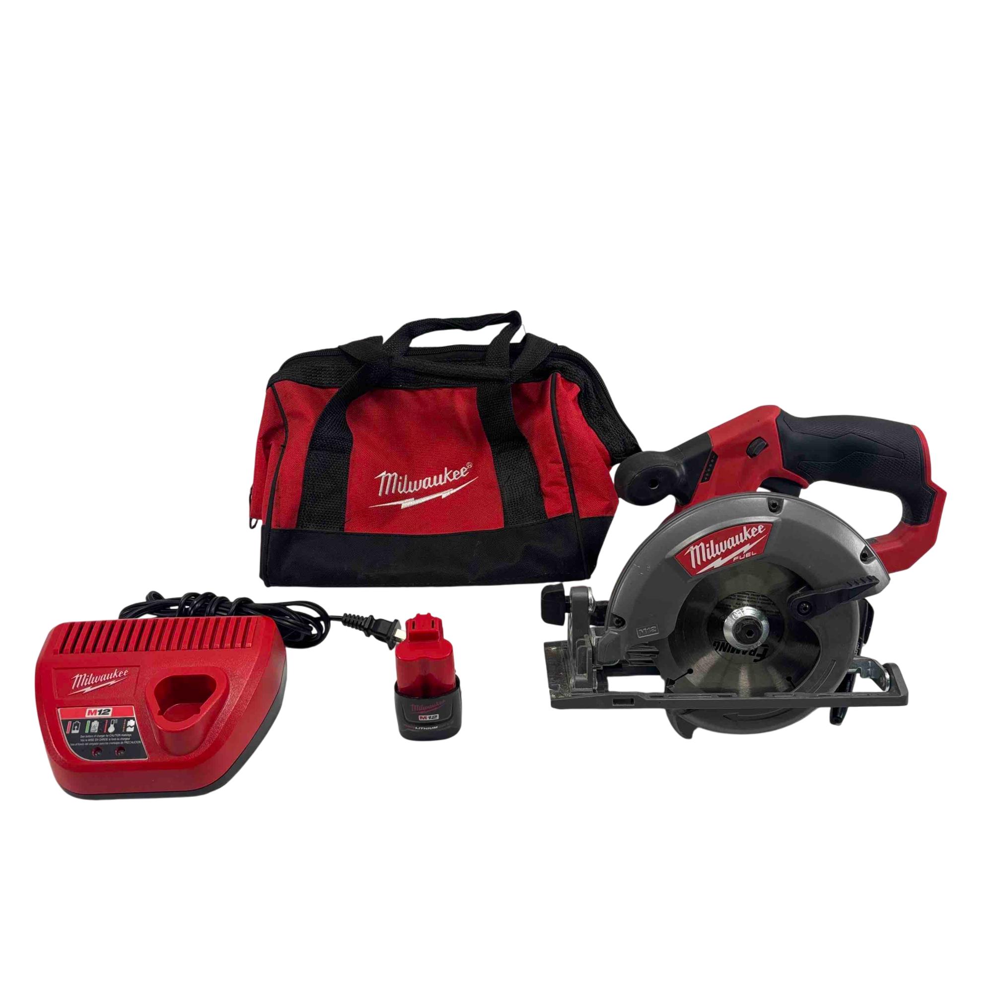 M12 FUEL 12-Volt Lithium-Ion Brushless Cordless 5-3/8 in. Circular Saw Kit with (1) 4.0Ah Battery, Charger, Tool Bag M12 FUEL 12-Volt Lithium-Ion Brushless Cordless 5-3/8 in. Circular Saw Kit with (1) 4.0Ah Battery, Charger, Tool Bag