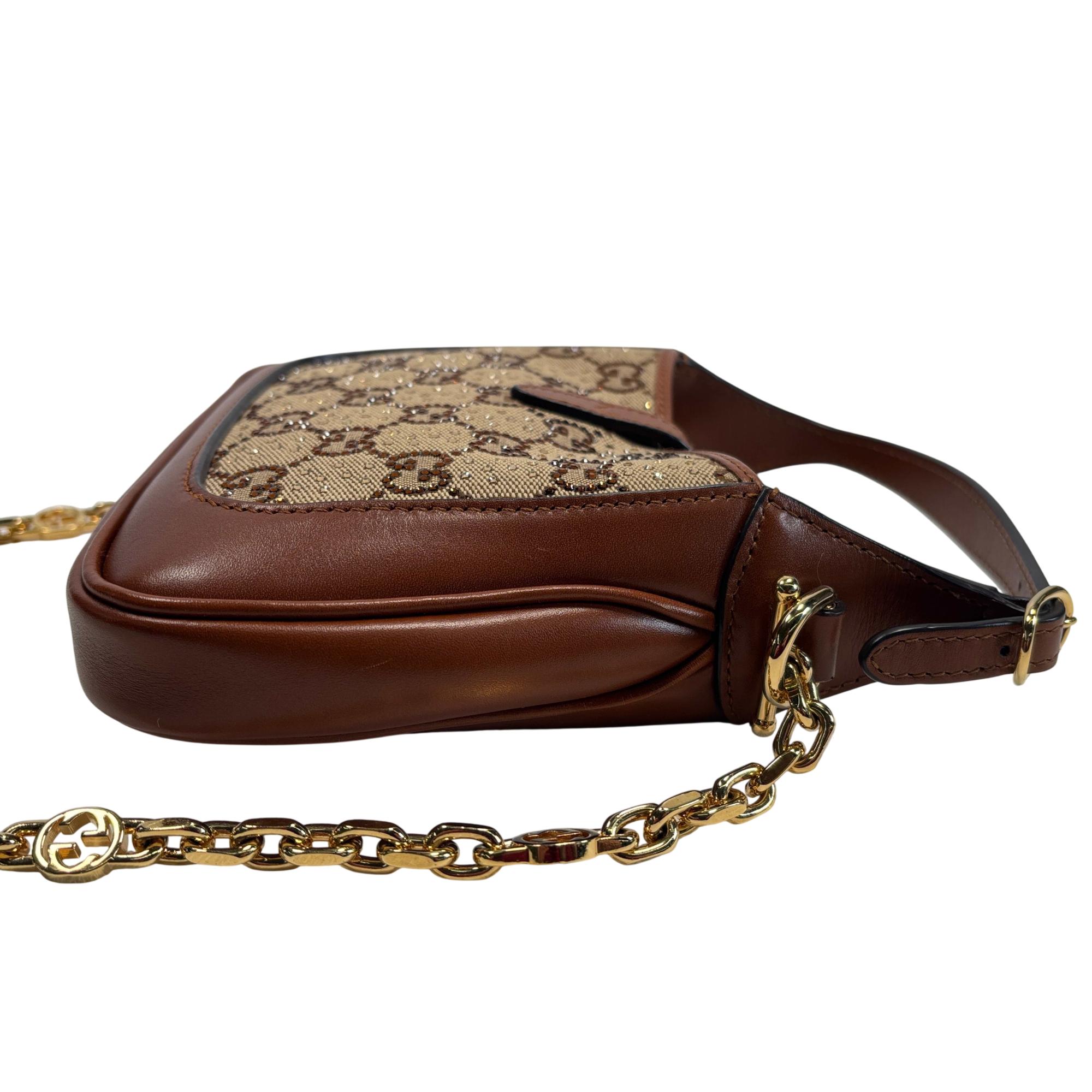 Gucci Jackie 1961 Crystals Mini Shoulder Bag Camel Brown/Ebony GG