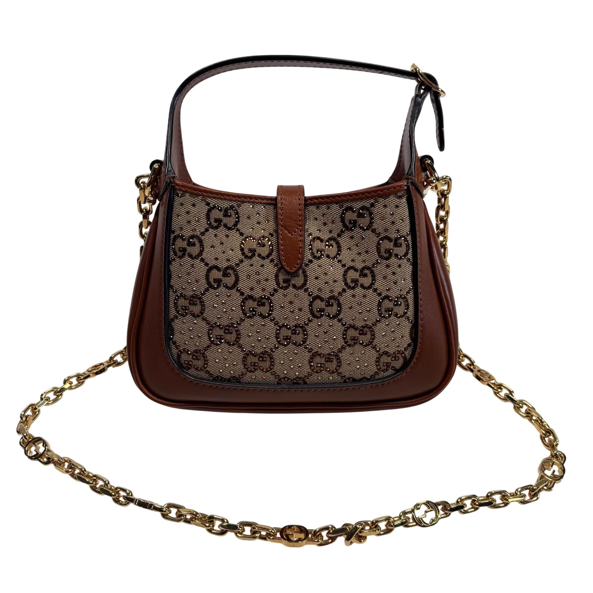 Gucci Jackie 1961 Crystals Mini Shoulder Bag Camel Brown/Ebony GG