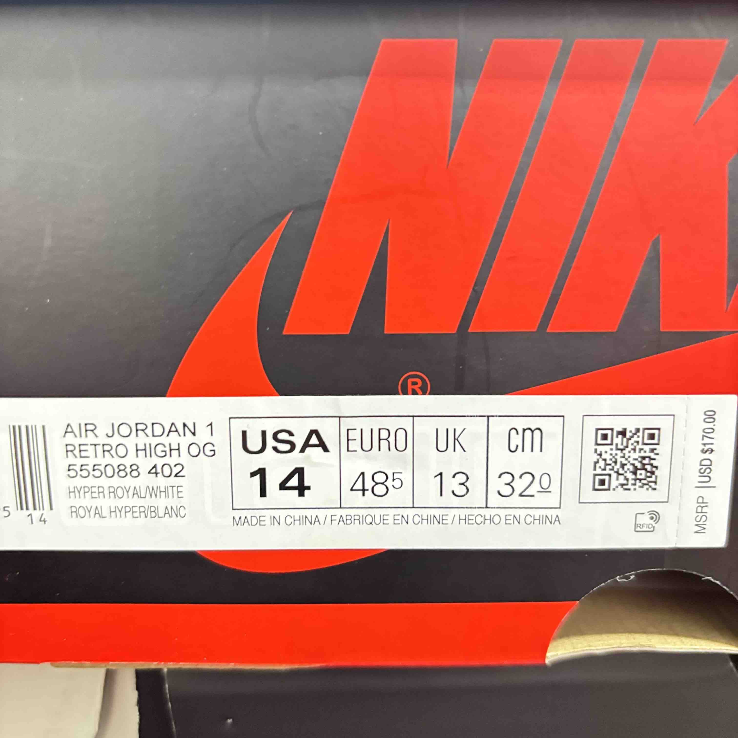 Hyper Size Nike Air Jordan 1 Retro High OG Hyper Royal Size 14 Shoes 555088-402
