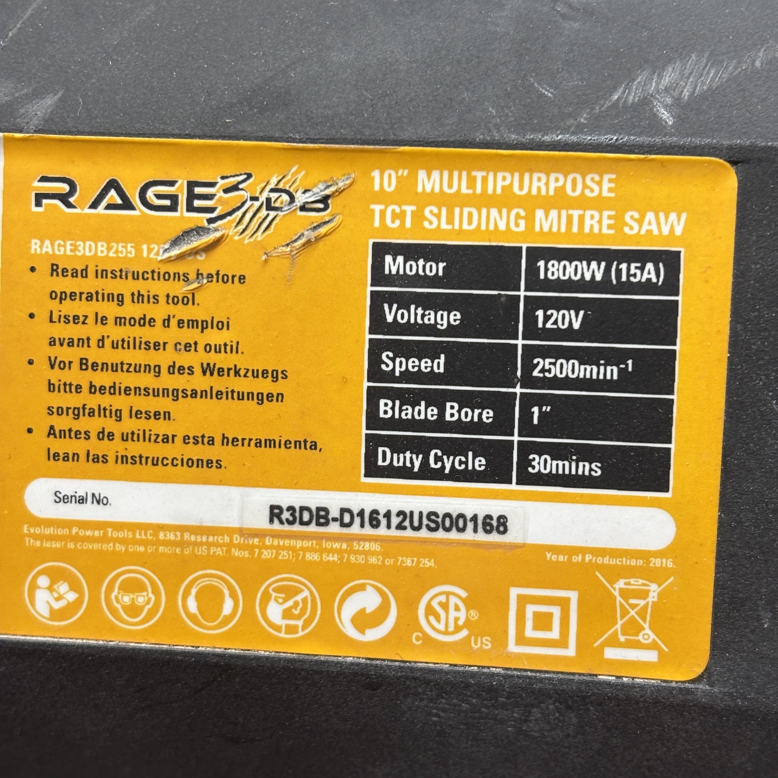 Evolution Rage 3-DB 15Amp 1800W Double-Bevel Sliding Miter Saw 0168 ...