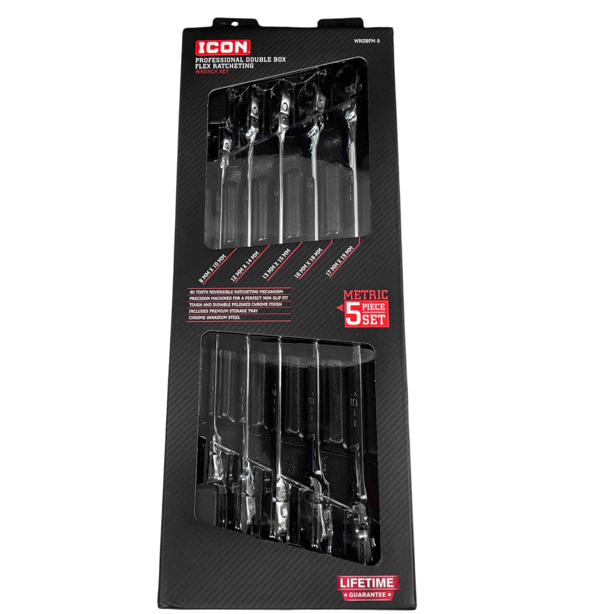Icon Double Box Long Ratcheting ICON WRDBFM-5 Professional Metric Double Box Flex Ratcheting 5-Piece ...