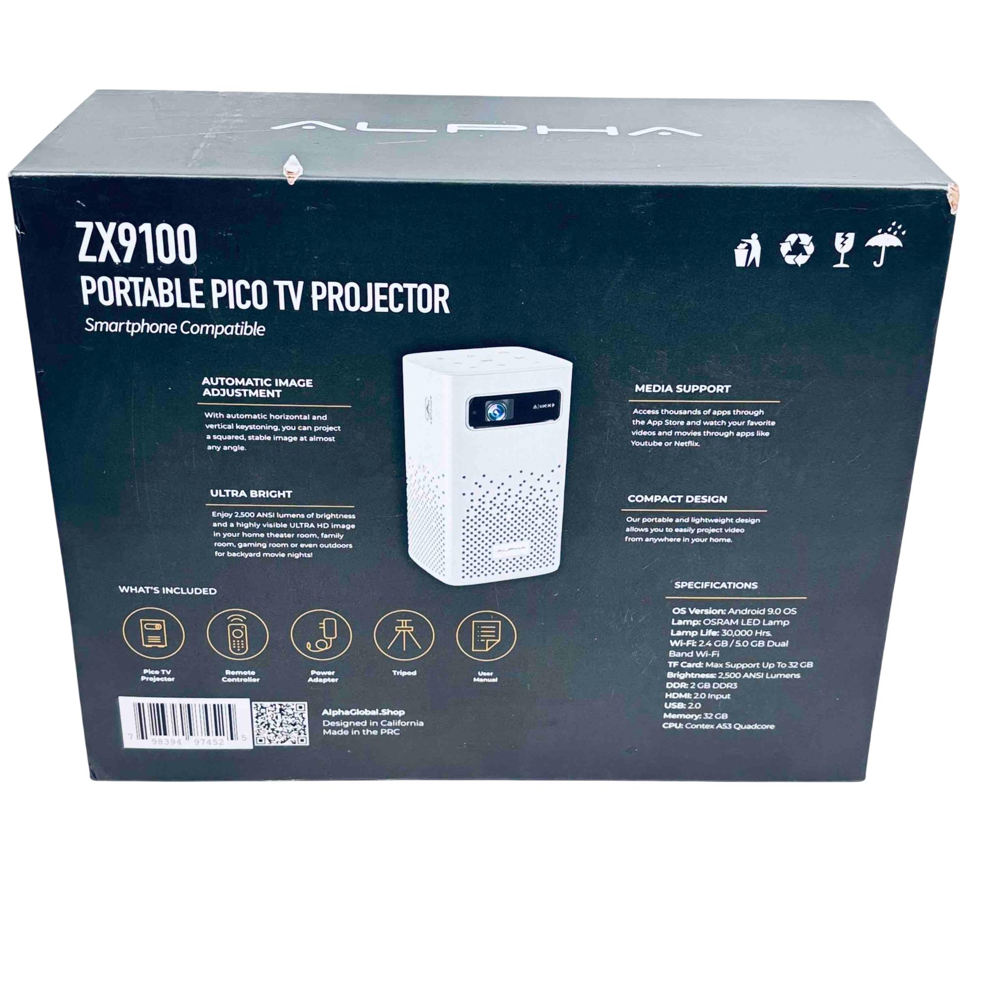 Alpha ZX9100 4K Ultra HD Portable Pico TV Projector DLP WiFi