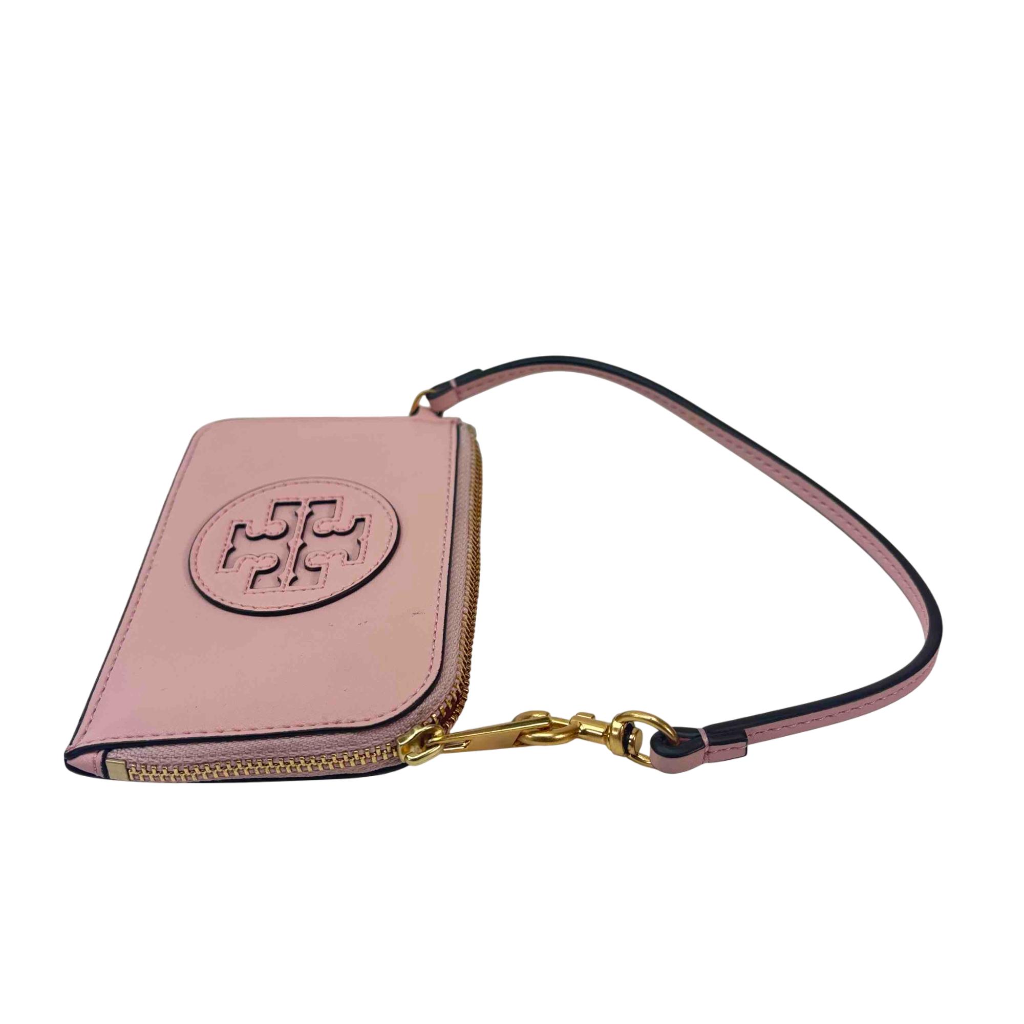 Tory Burch Ella Bio Pink Leather Zip Card Case Luxury Wallet