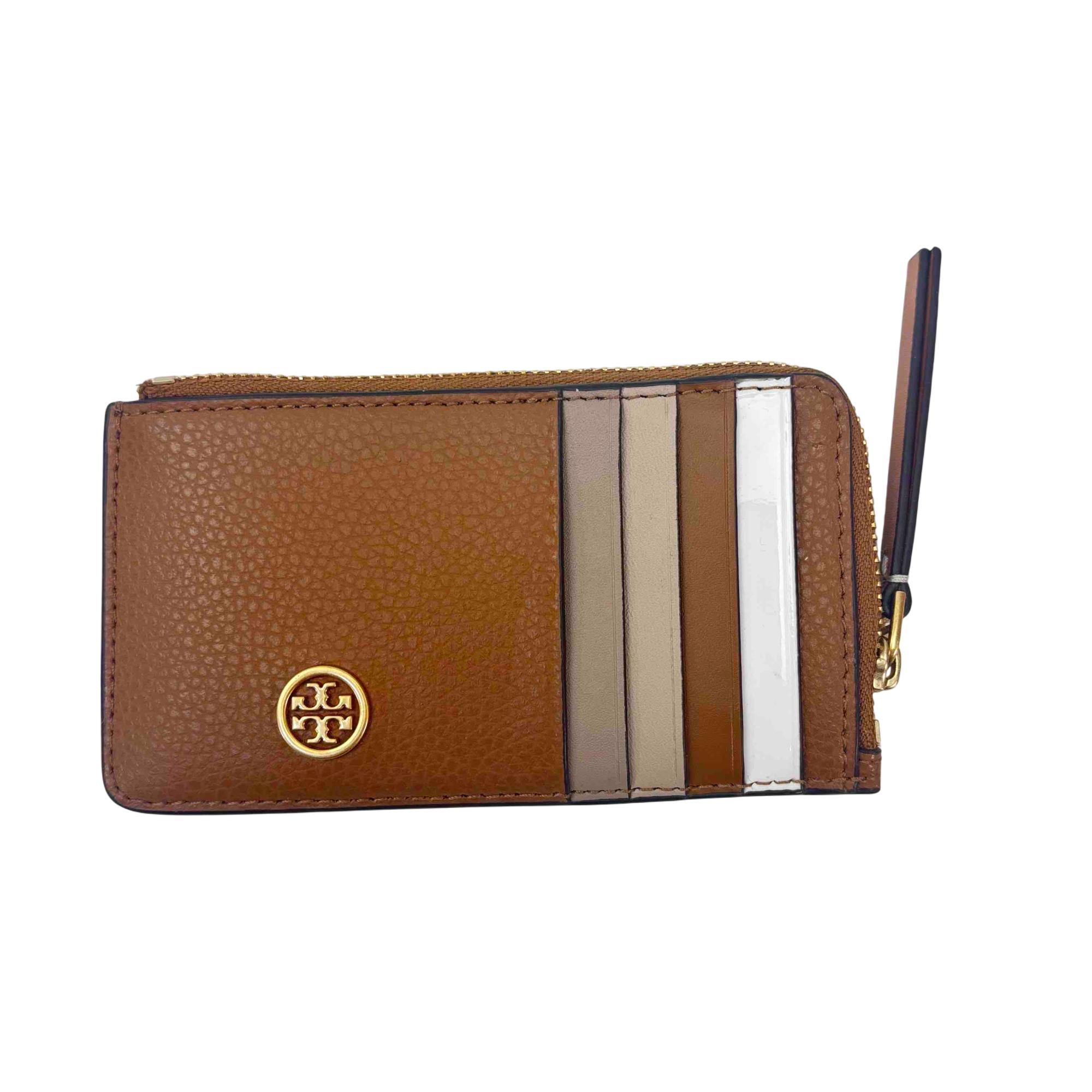 Tory Burch Robinson Pebbled Gold Logo Leather Top Zip Card