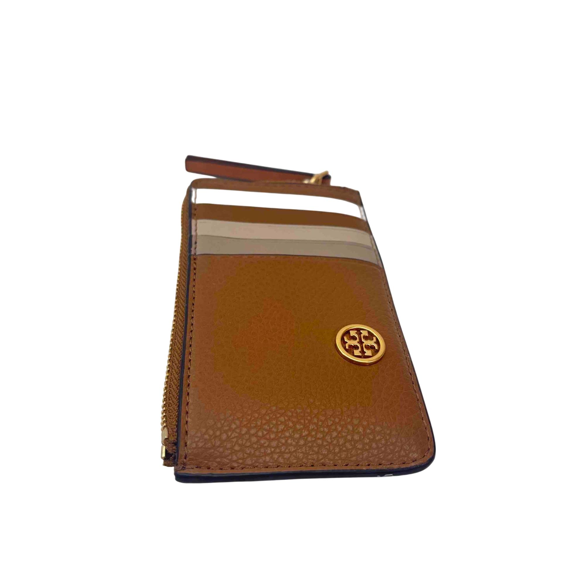 Tory Burch Robinson Pebbled Gold Logo Leather Top Zip Card