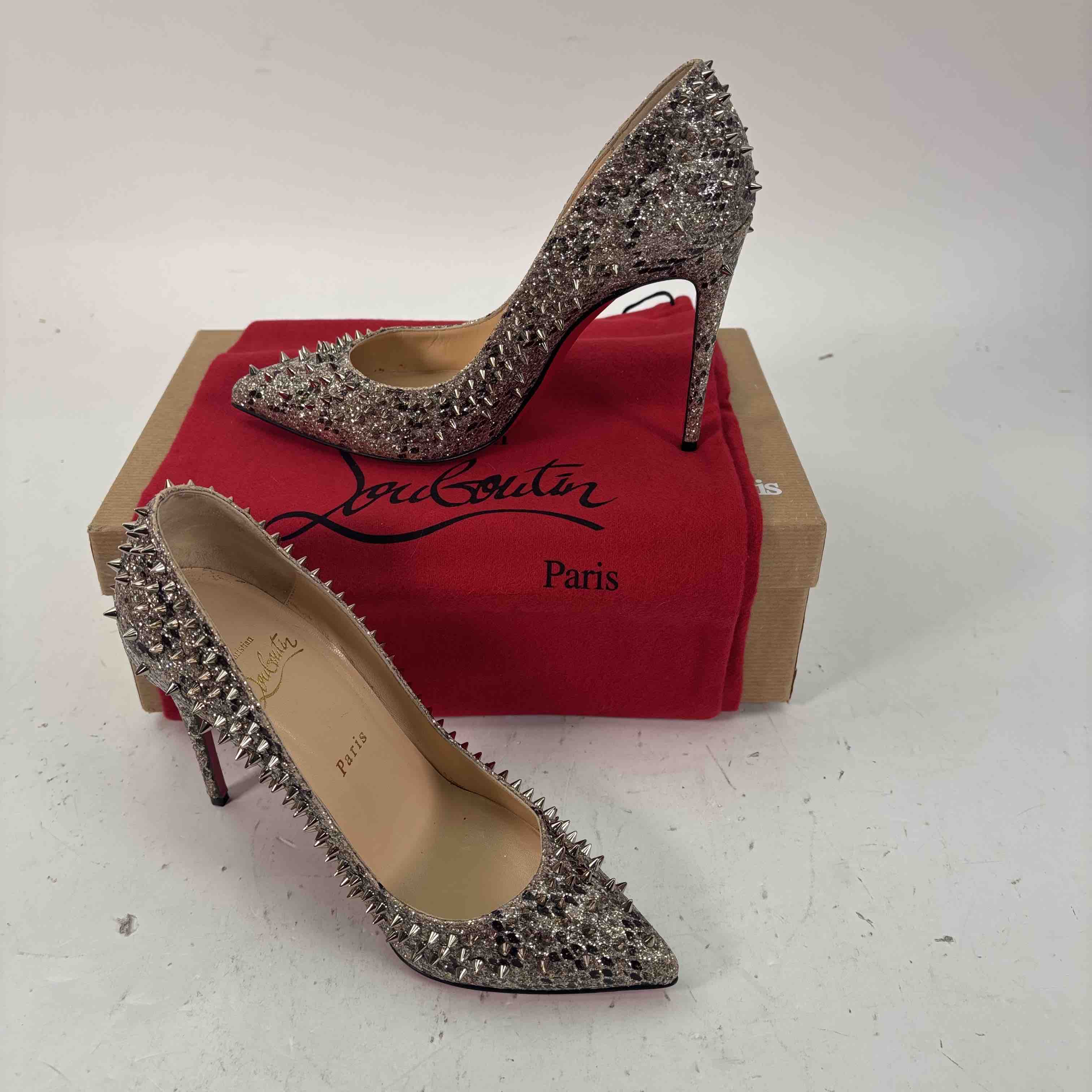 Christian Louboutin Escarpic 100 Silver Glitter Spiked High Heel