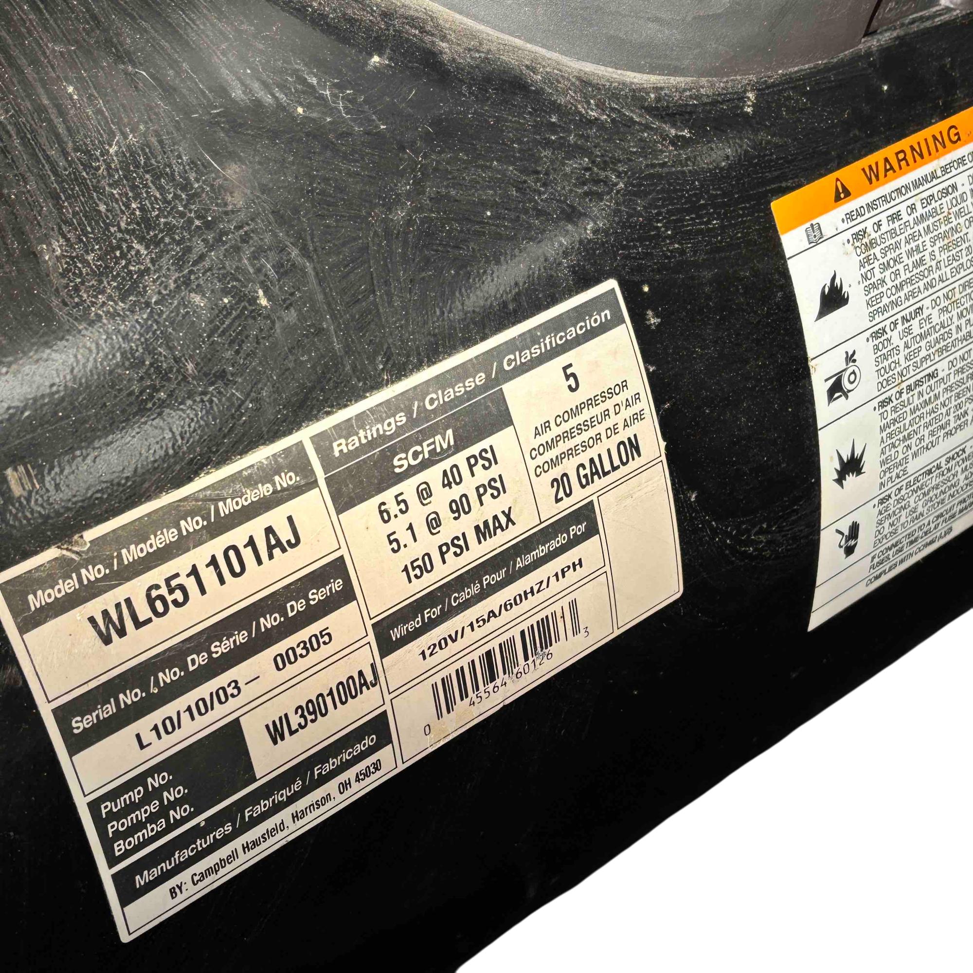 Campbell Hausfeld WL651101AJ 20-Gal Air Compressor - Local Pick-Up