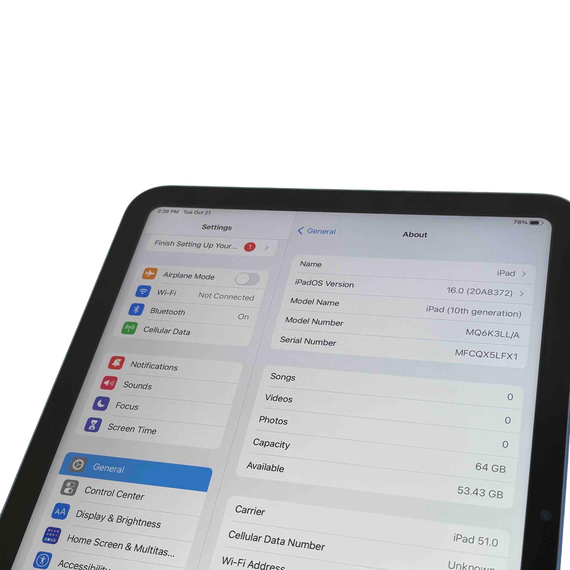 Ios Tablet Model Apple iPad 10th Gen MQ6K3LL/A 64GB Wi-Fi Cellular iOS 10.9'' Tablet - Blue