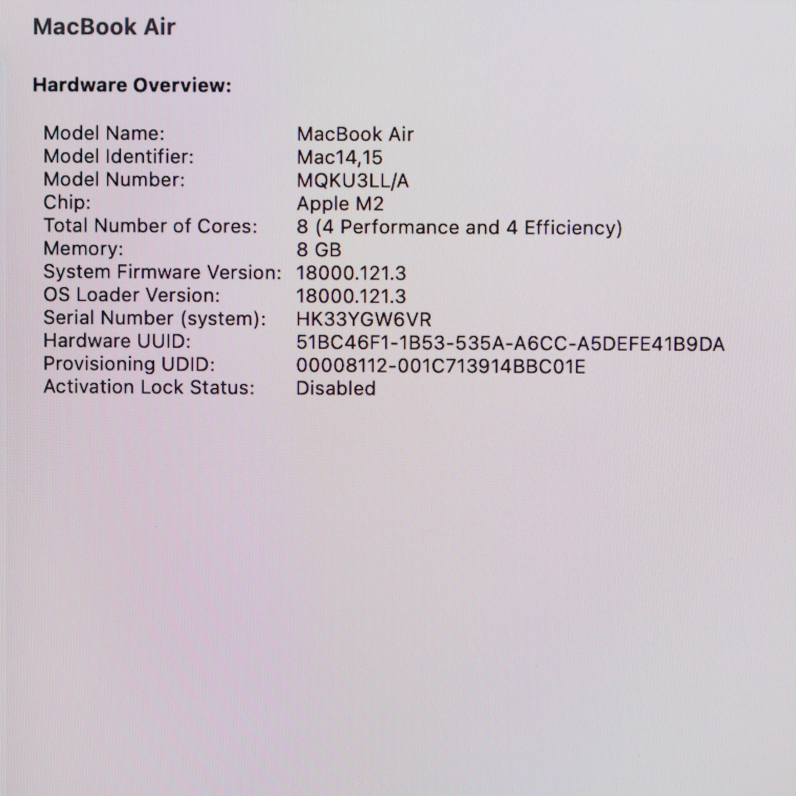 Apple MacBook Air 2023 MQKU3LL/A M2 3.49GHz 8GB RAM 256GB SSD 15.3
