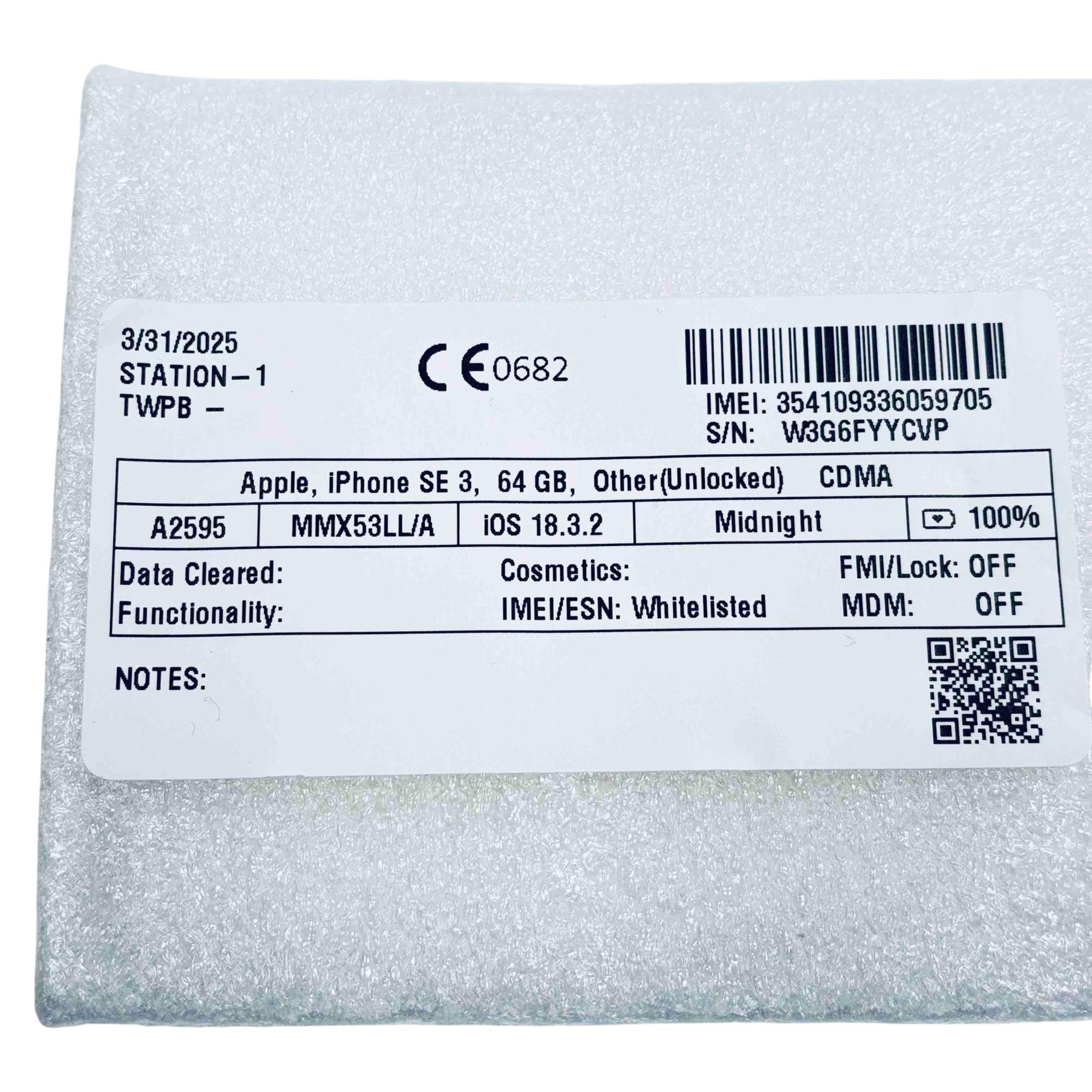 Apple iPhone SE 3rd Generation MMX53LL/A Midnight 64GB