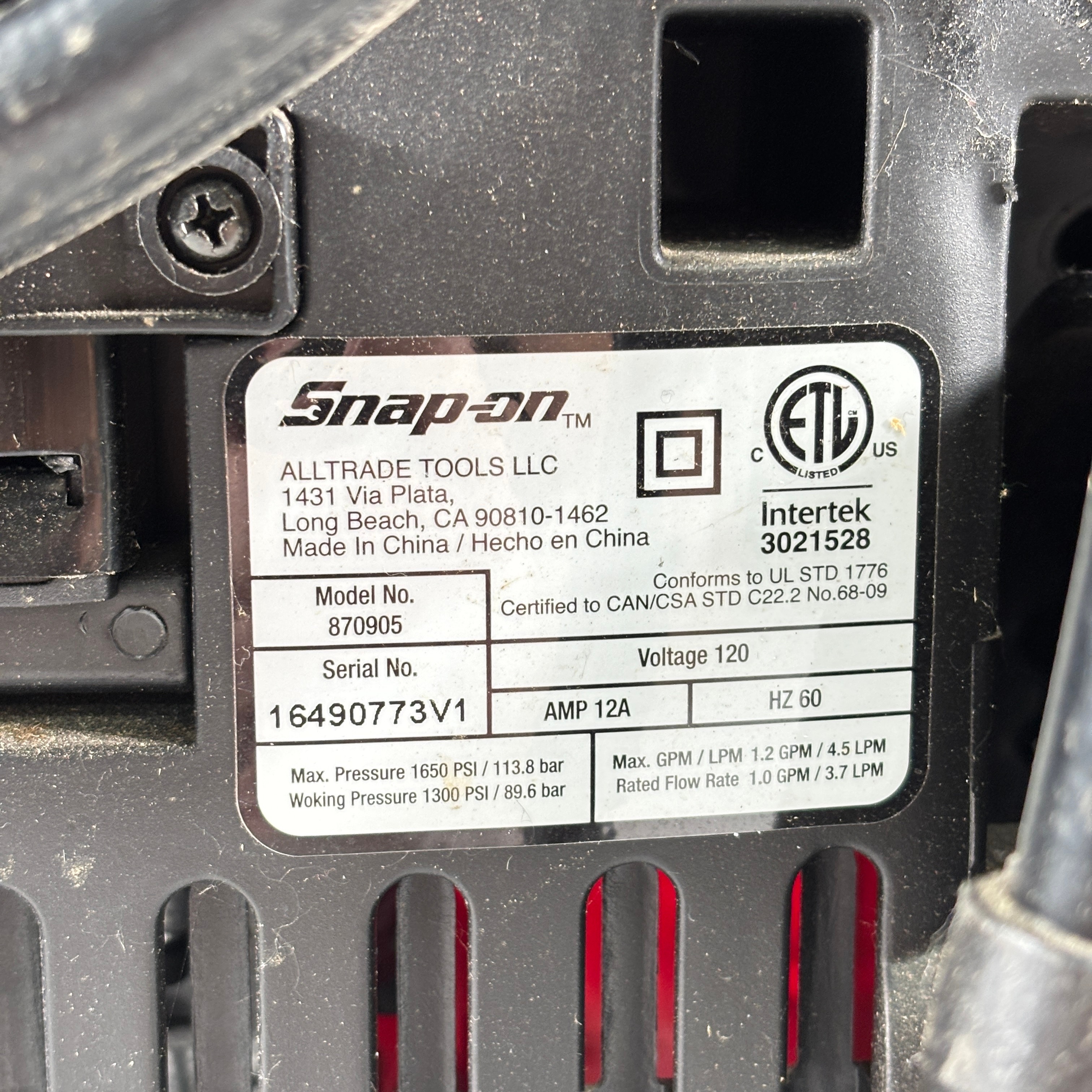 Snap-on Tools 870905 Corded Electric 1,650 PSI Max Pressure Washer