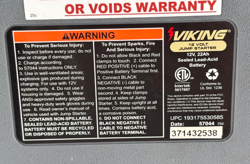 Viking 57044 1700 Peak Amp Portable Car Battery Jump Starter/Power