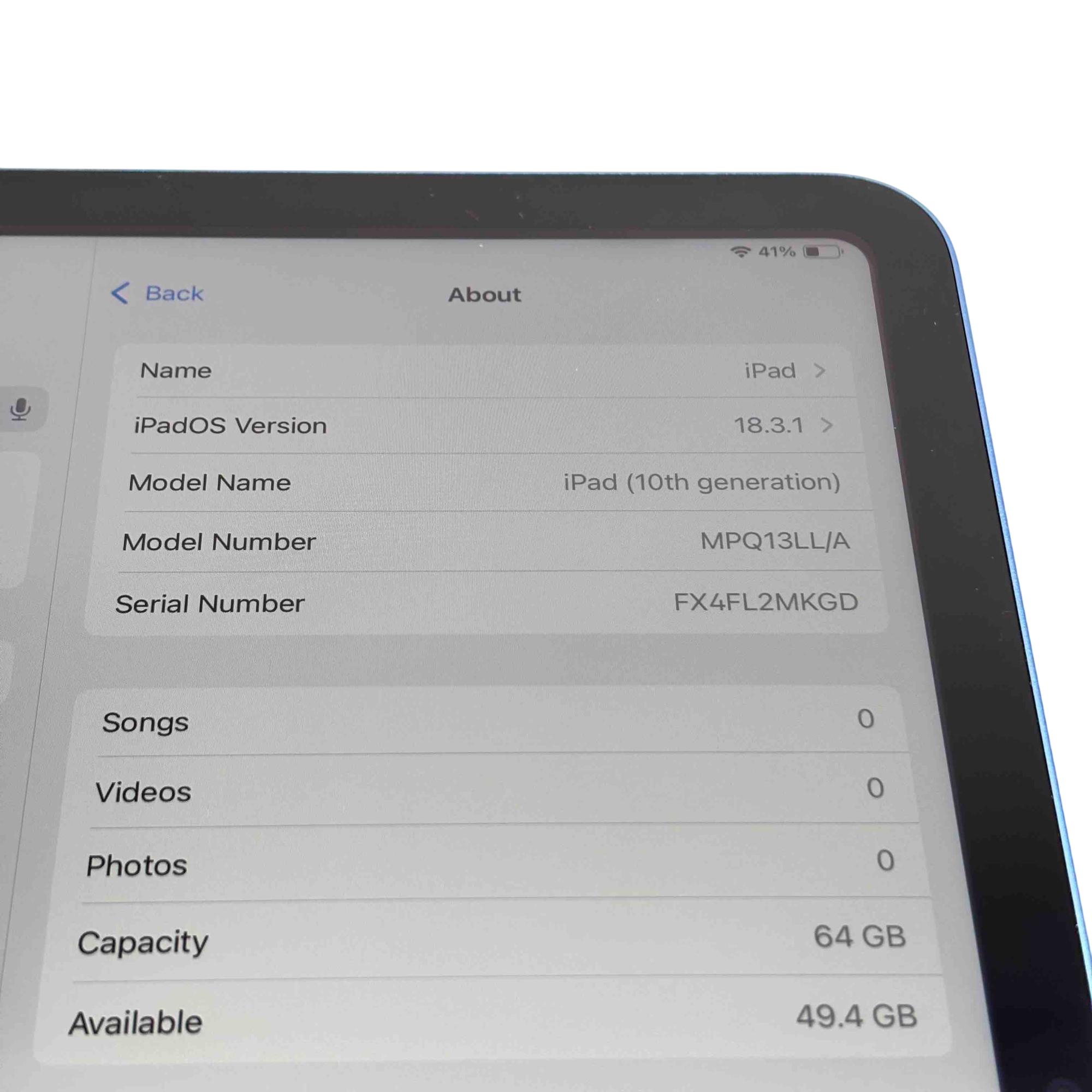 Apple iPad 10th Gen A2696 MPQ13LL/A 64GB Wi-Fi 10.9