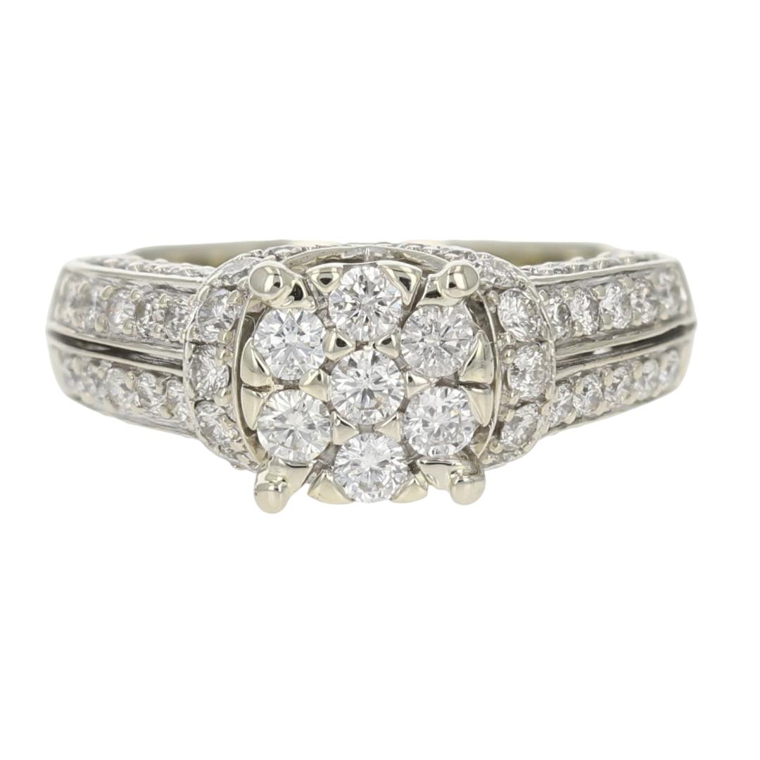 1.37ctw Round Cut Diamond Cluster Engagement Ring 14k White Gold Size 7