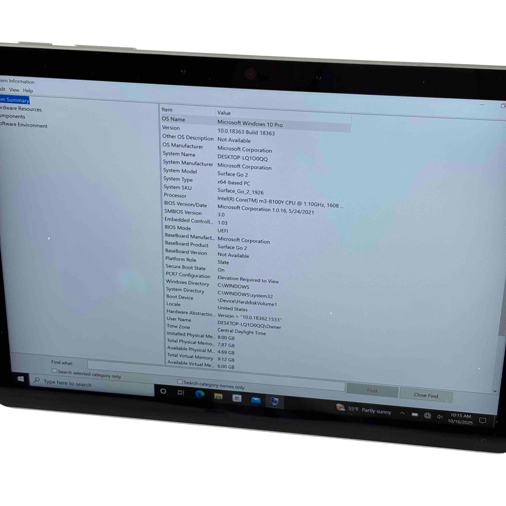 Microsoft Surface Go 2 1926 Win 11 Core m3-8100Y 1.1GHz 8GB RAM