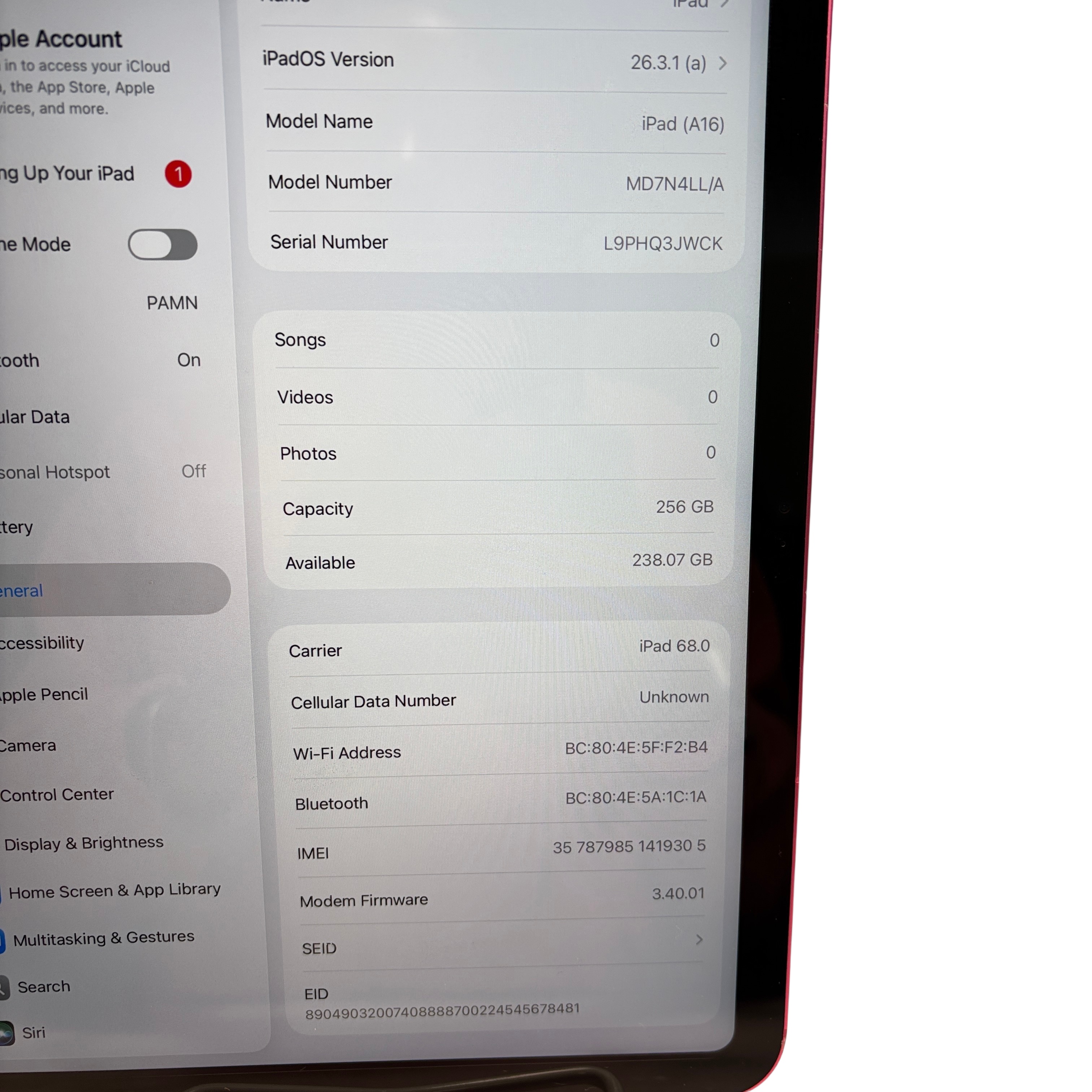 Apple MD7N4LL/A 256GB iPad A16 Bionic Wi-Fi + Cellular