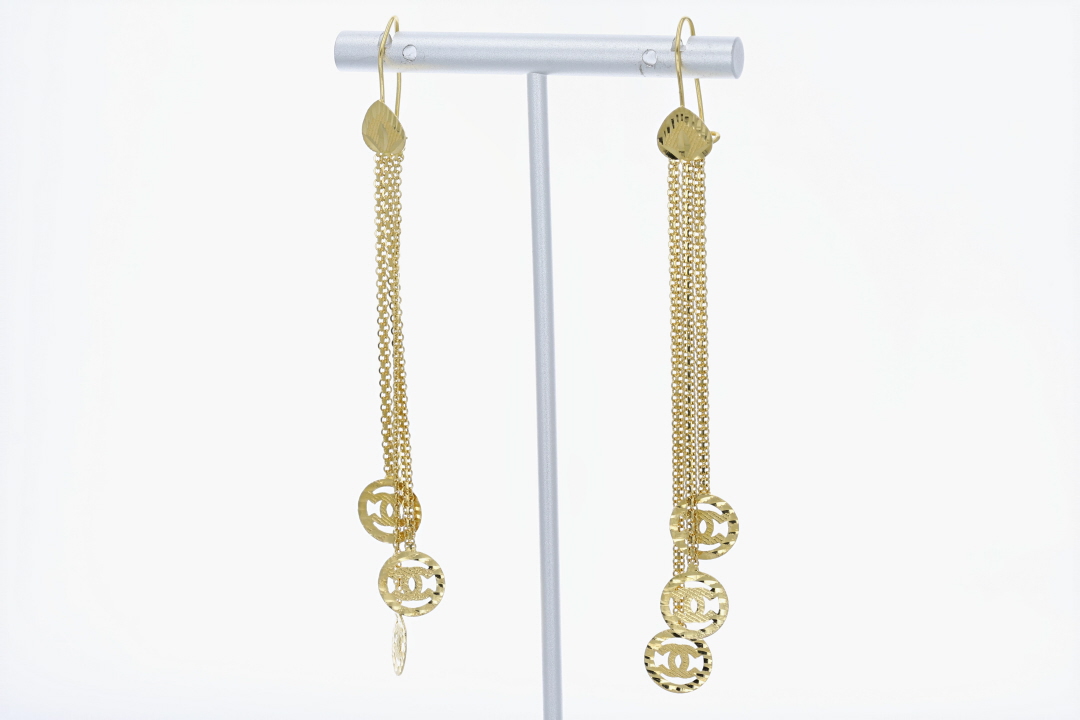 Chanel CC Logo Dangle Drop Chain Pair Earrings 21k Yellow