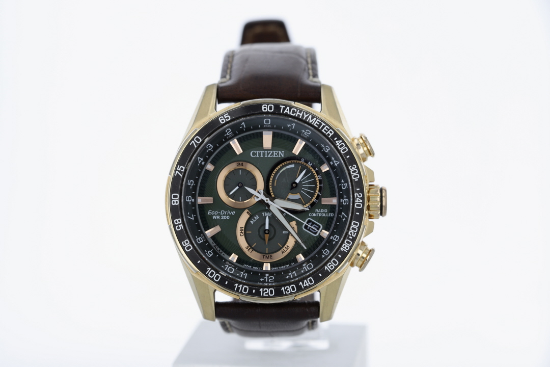 Citizen PCAT Green Dial World Time Chronograph Leather Strap Men's
