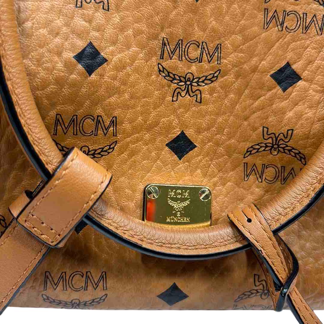 MCM Visetos Coated Canvas Brown Medium Boston Handbag 3159