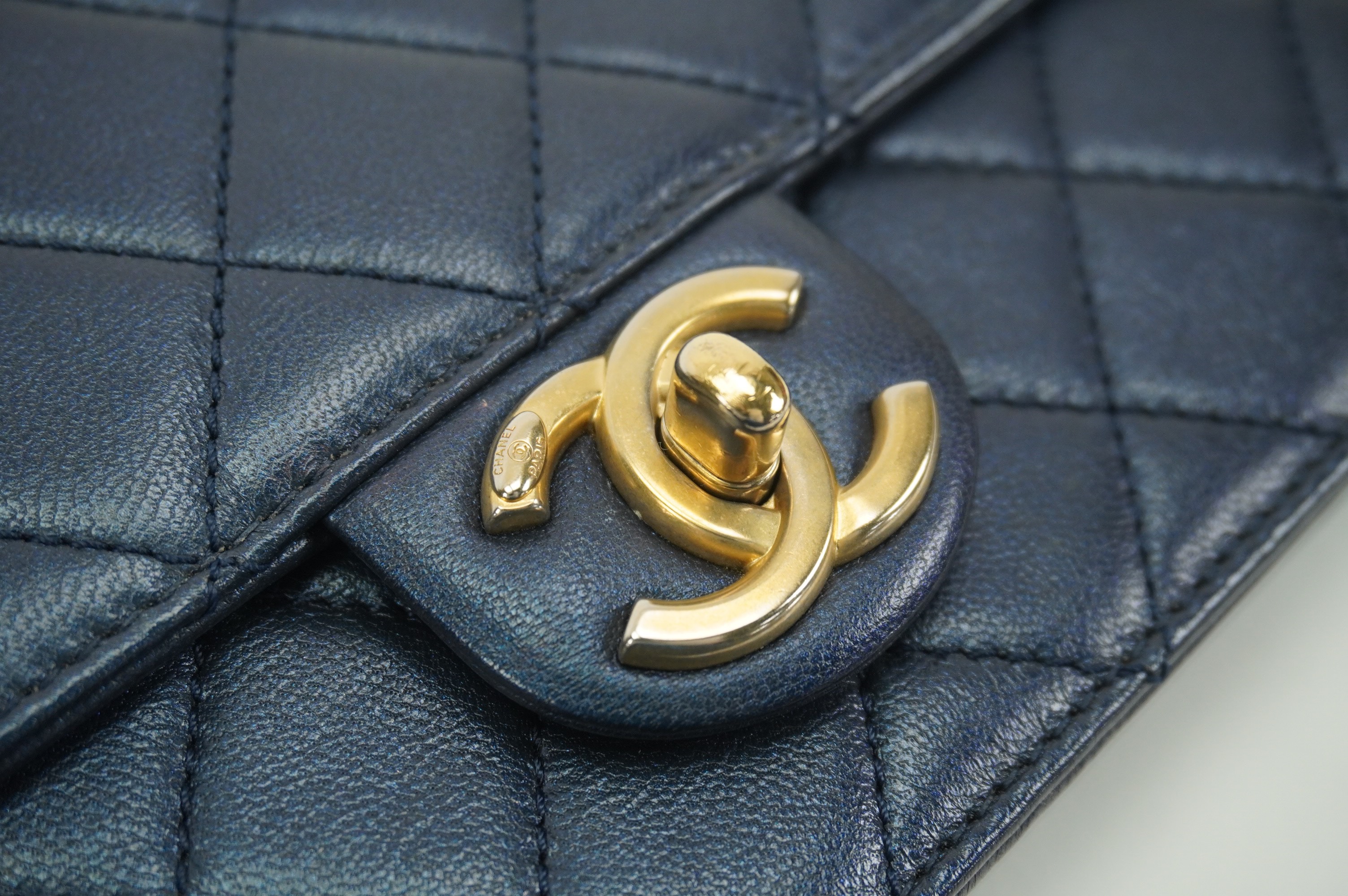 Chanel Iridescent Lambskin Small Chic Pearls Navy Blue Flap Bag