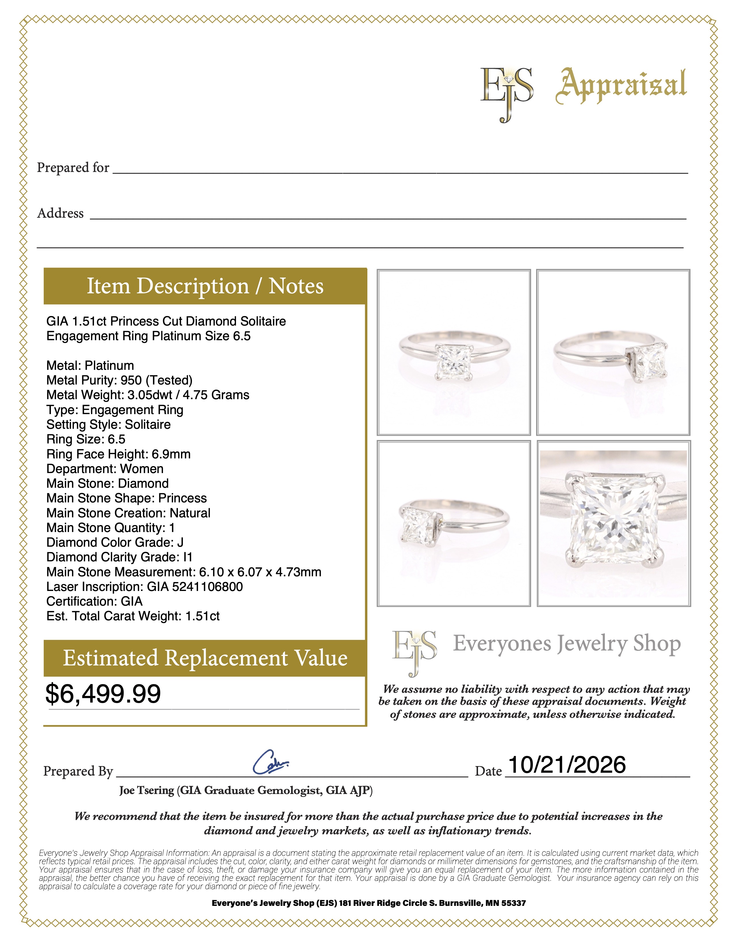 GIA 1.51ct Princess Cut Diamond Solitaire Engagement Ring Platinum Size 6.5