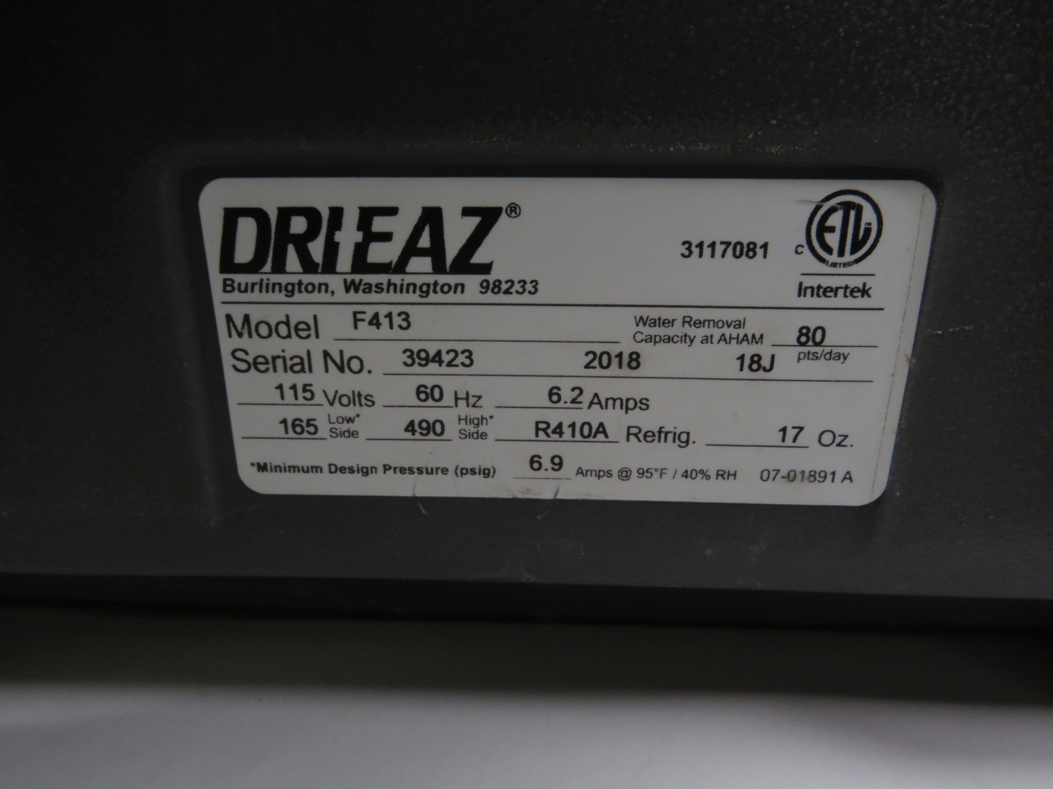 DriEaz F413 6.2Amps 80 Pints Revolution LGR Dehumidifier Local Pickup