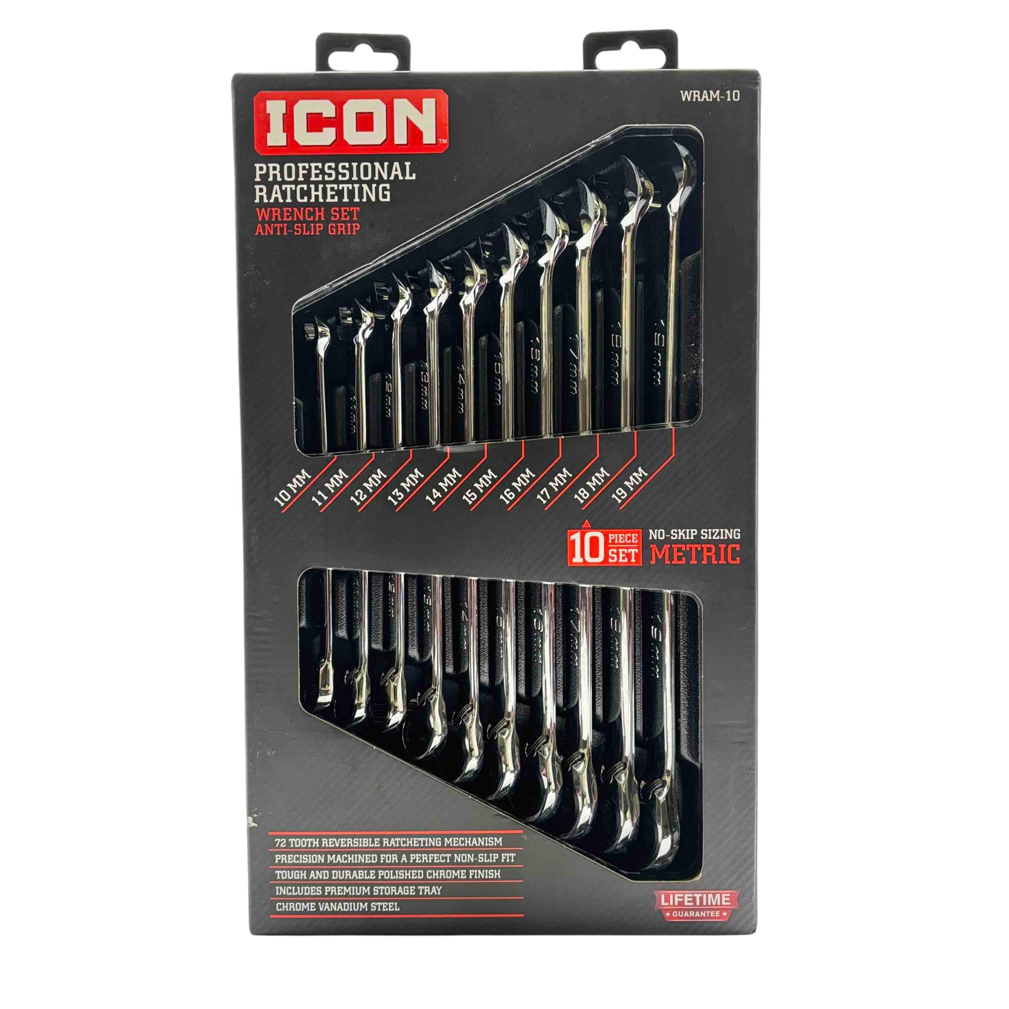 ICON WRAM-10 newest Metric 10pc Pro Ratcheting 10mm-19mm Anti-Slip Wrench Set - NEW