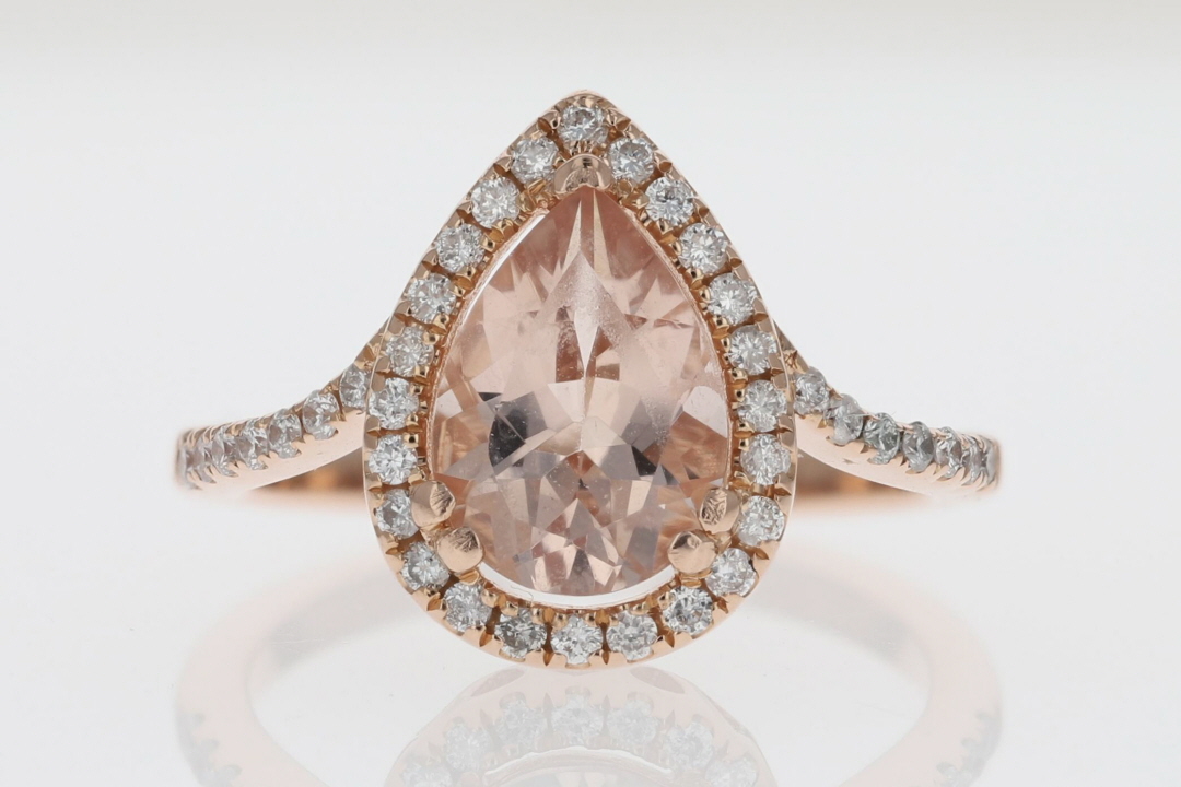 1.66ctw Pear Morganite and Diamond Halo Engagement Ring 14k Rose Gold ...