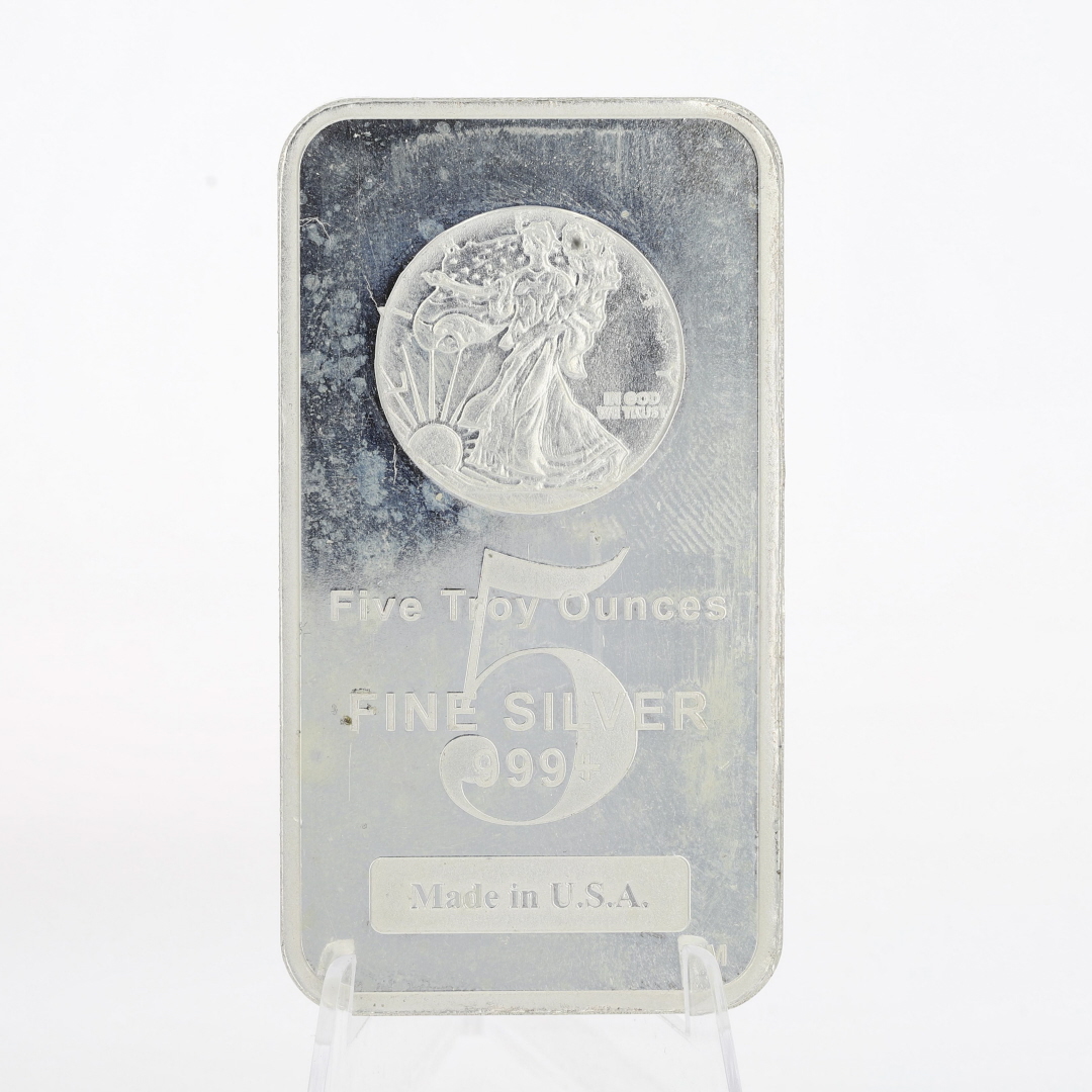 Five Troy Ounces .999 Fine Silver Waling Liberty Design Five Troy Ounces .999 Fine Silver Bar Made in USA