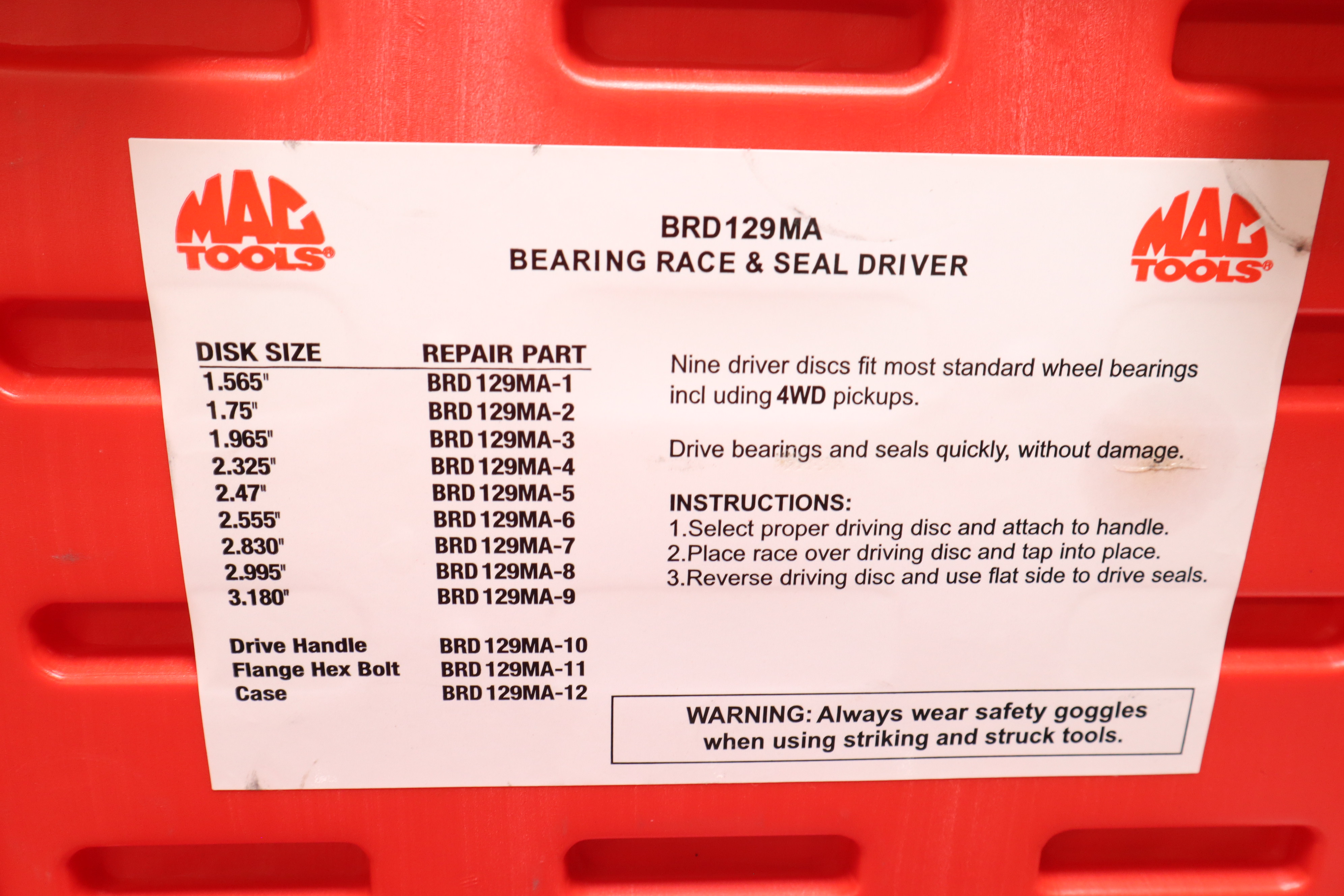 Mac Tools BRD129MA 10PC. Race Bearing and Seal Driver Set