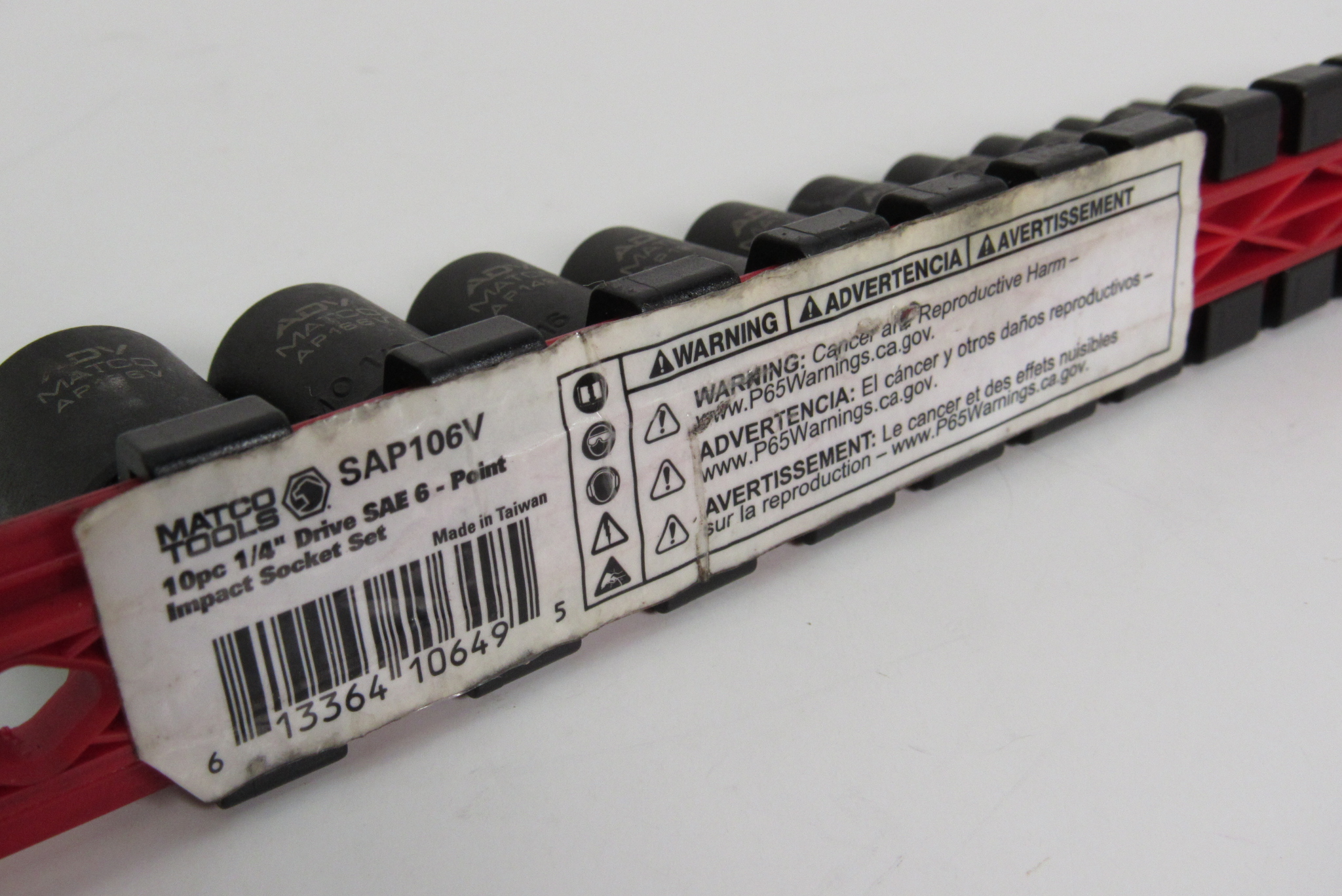 Matco Tools SAP106V 10-Piece 1/4'' Drive SAE 6-Point Impact Socket Set