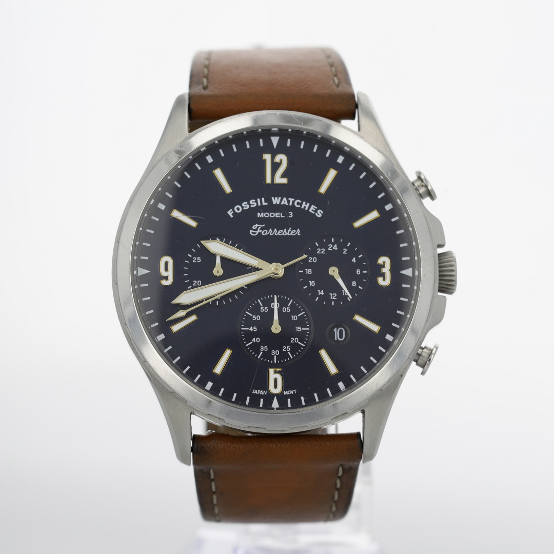 Fossil Forrester 46mm Black Dial Chronograph Leather Strap Men's