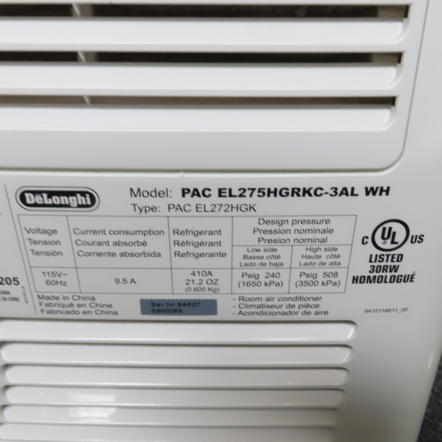 DeLonghi PAC EL275HGRKC3AL WH Portable Air Conditioner (Local PickUp