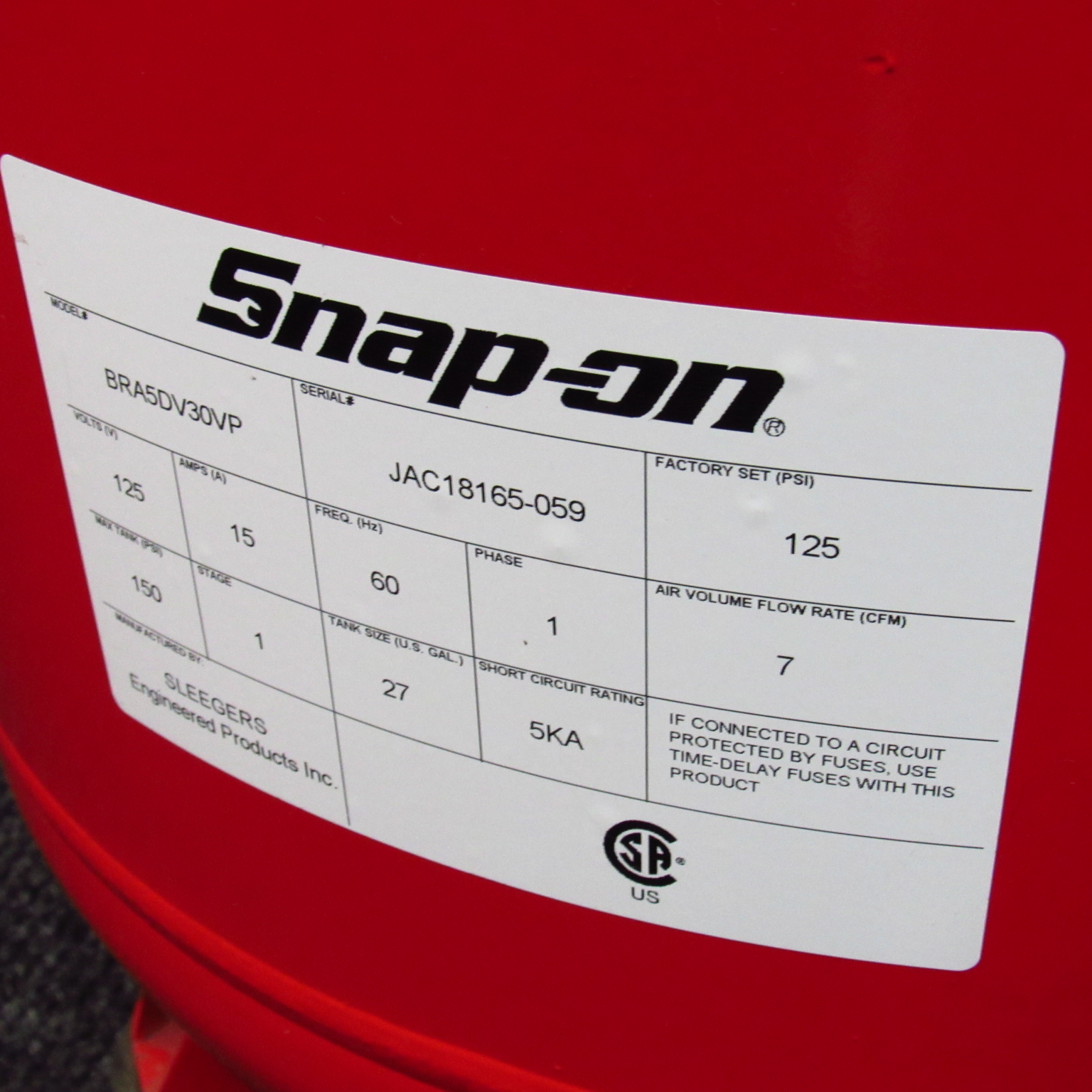 Snapon Tools BRA5DV30VP 125PSI Portable Air Compressor Local Pick